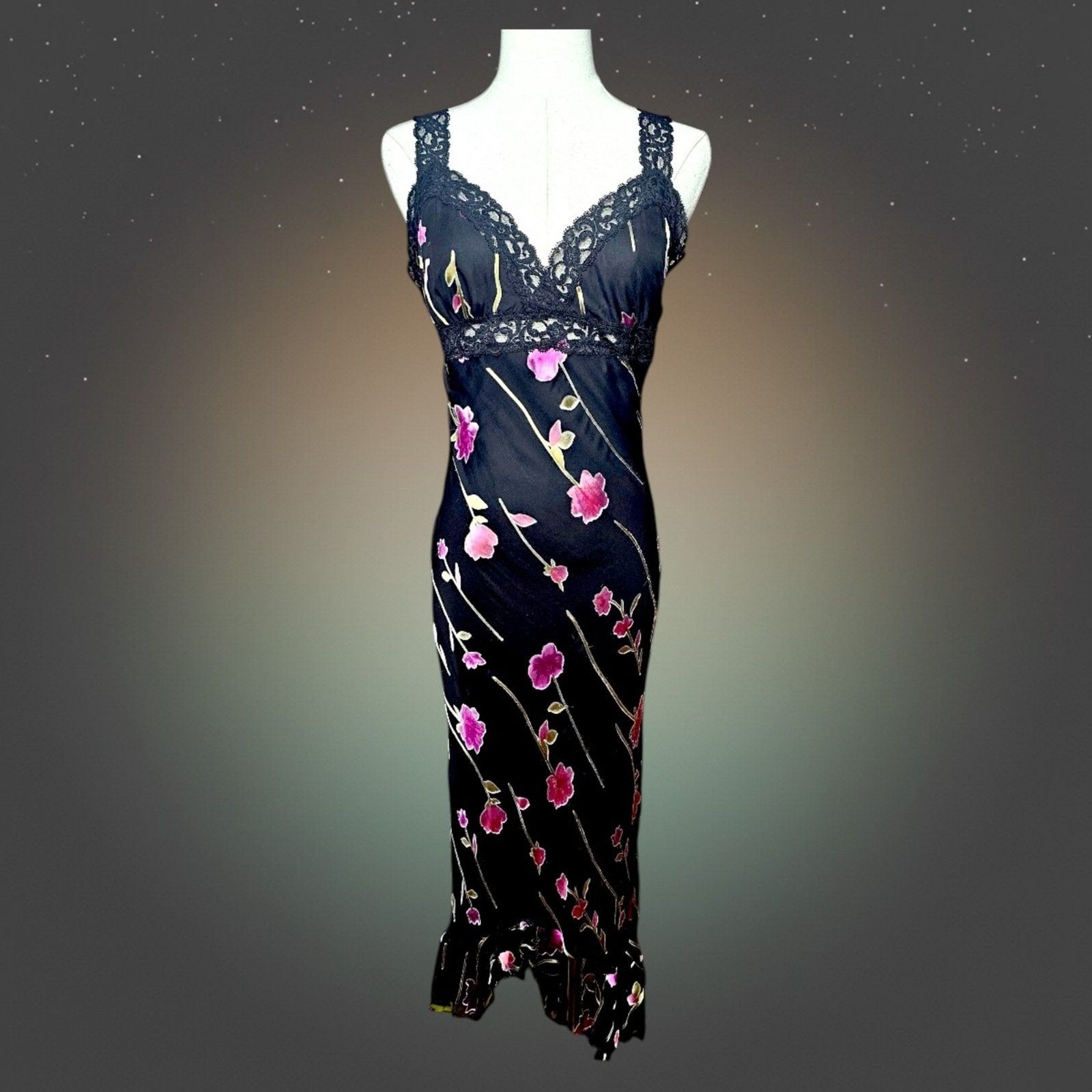 Betsey Johnson Vintage 90s Silk Blend Floral Lace Slip Dress Black Pink M