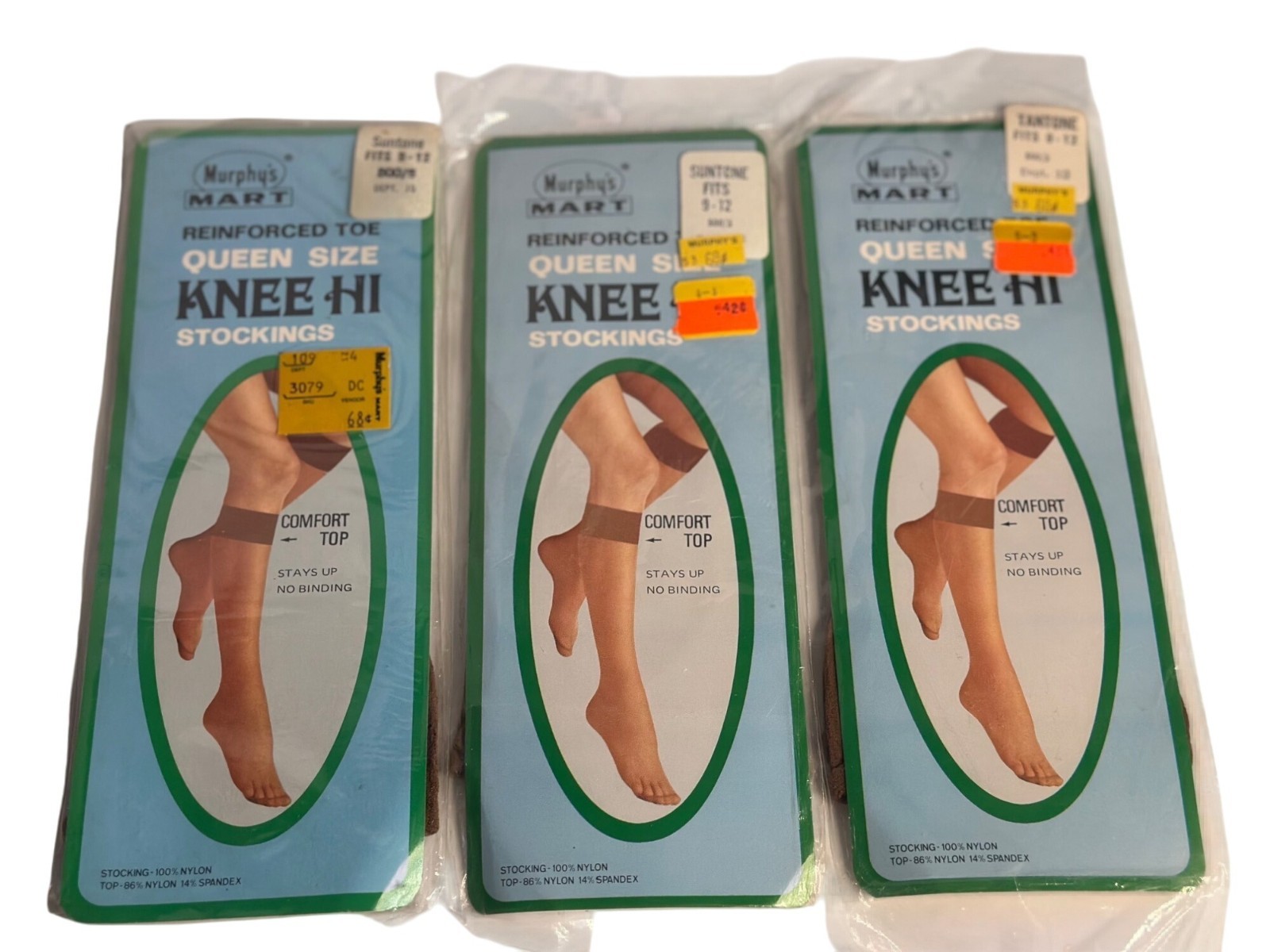 Vintage Murphy’s Mart Queen Knee High Stockings Suntone Nylon Reinforced Toe 3PC