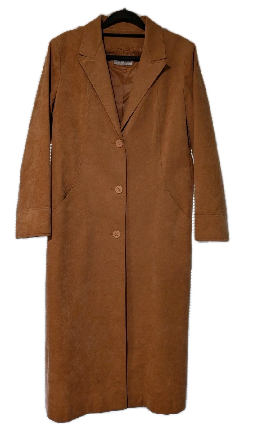 Vintage Cognac Ultrasuede Long Trench Coat Size 10 Button Front Classic Overcoat