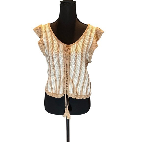 Madden NYC Tan Cream Striped Flutter Crochet Top Juniors XL Retro Bohemian 70s
