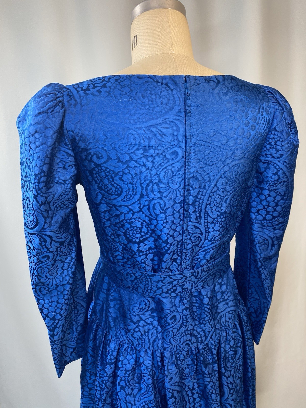 Vintage Dress SIZE LARGE blue Thai silk jacquard long sleeve 80s 90s handmade