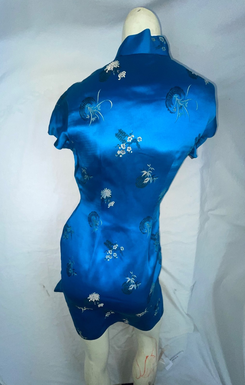VTG 60S WOMENS S BLUE ASIAN ORIENTAL SHORT MINI SATIN SILK QIPAO CHEONGSAM DRESS
