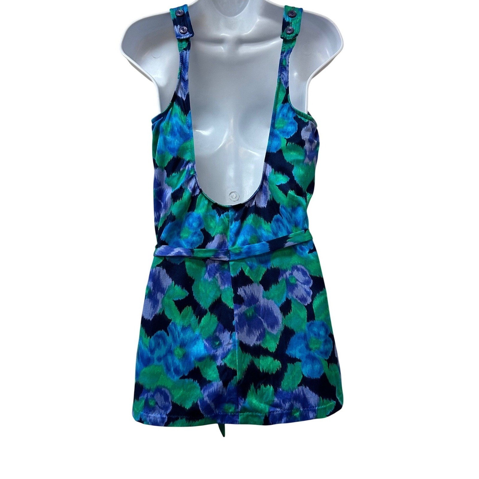 Maxine of Hollywood Vintage Swim Dress Blue Green Floral One Piece Size 16 USA