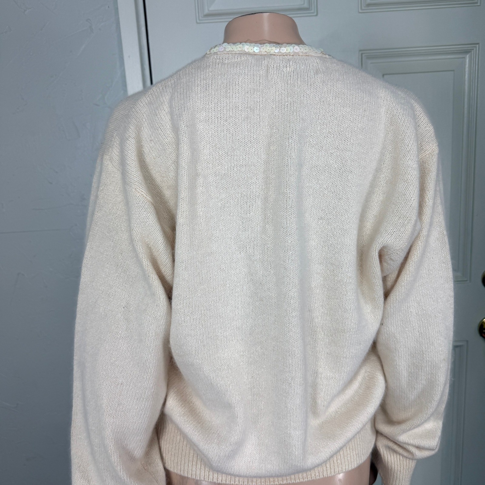 Vintage NOS 80s 90s Karen Scott Women’s Sweater M Silk Angora Wool Sequin Bow H4