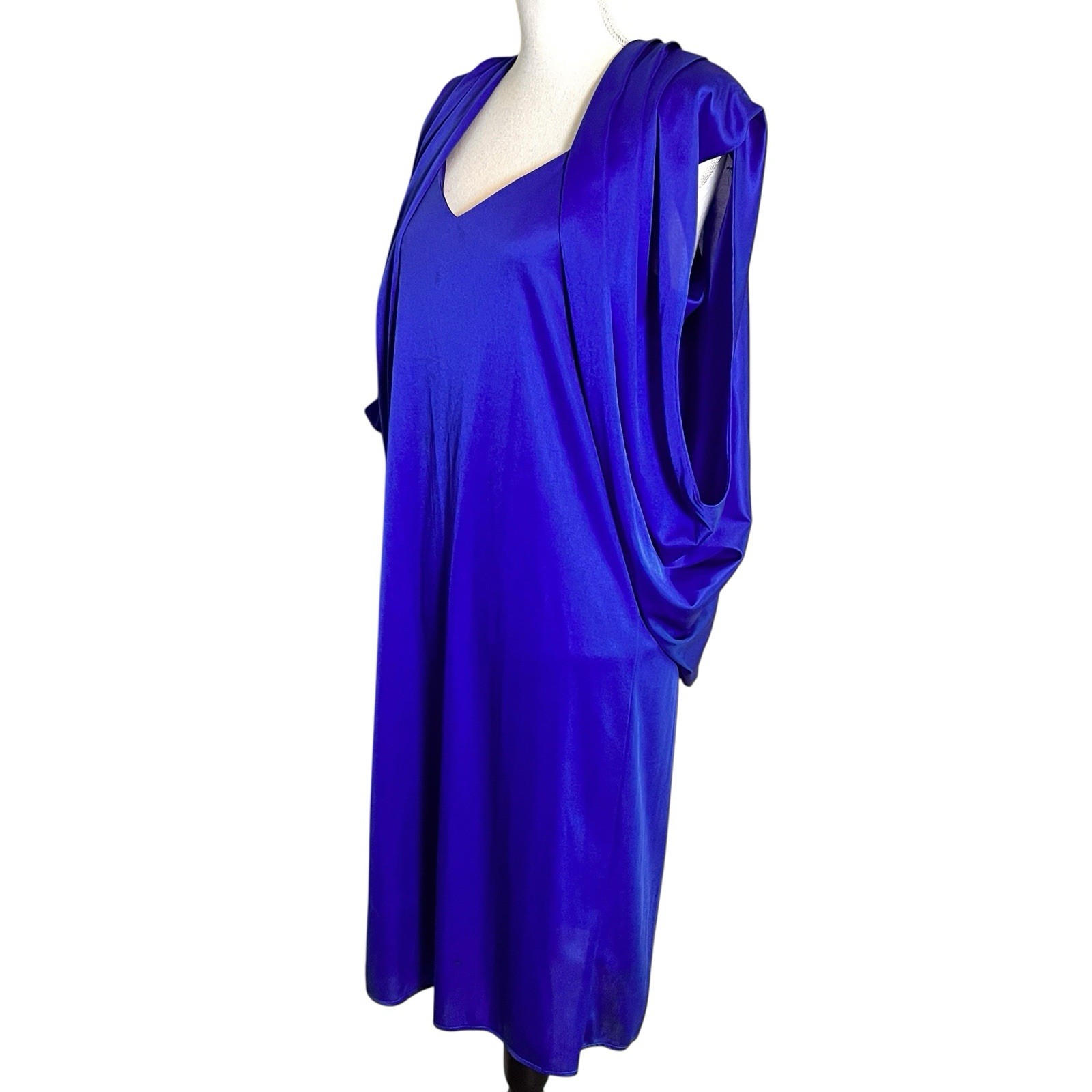 Vintage Royal Blue Satin 2 Pc Dress Set Drape Jacket Slip Midi Formal Evening M