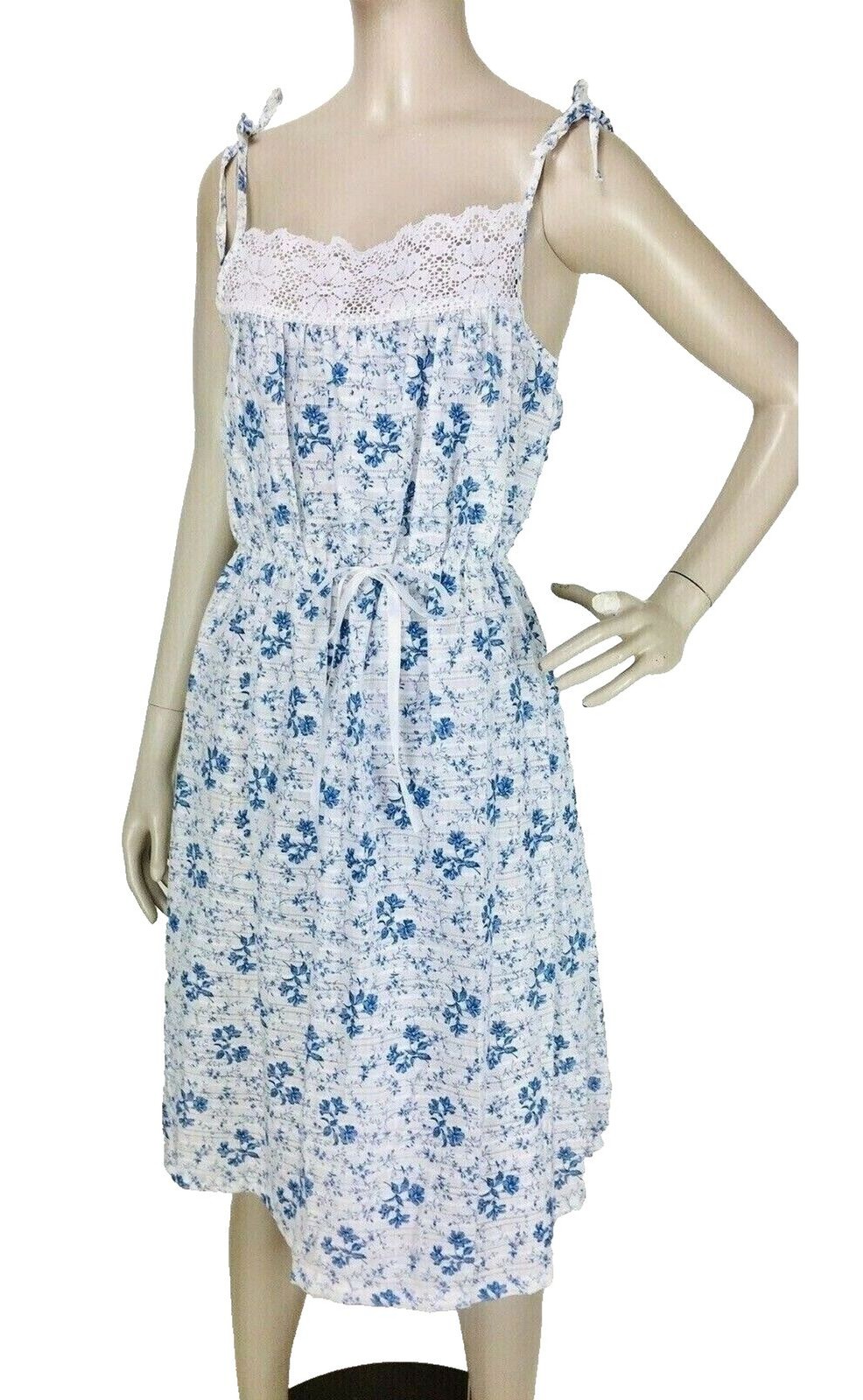 Vintage 60s/70s Cottagecore Eyelet Lace Floral Shoulder Tie Summer Dress XS/S/M