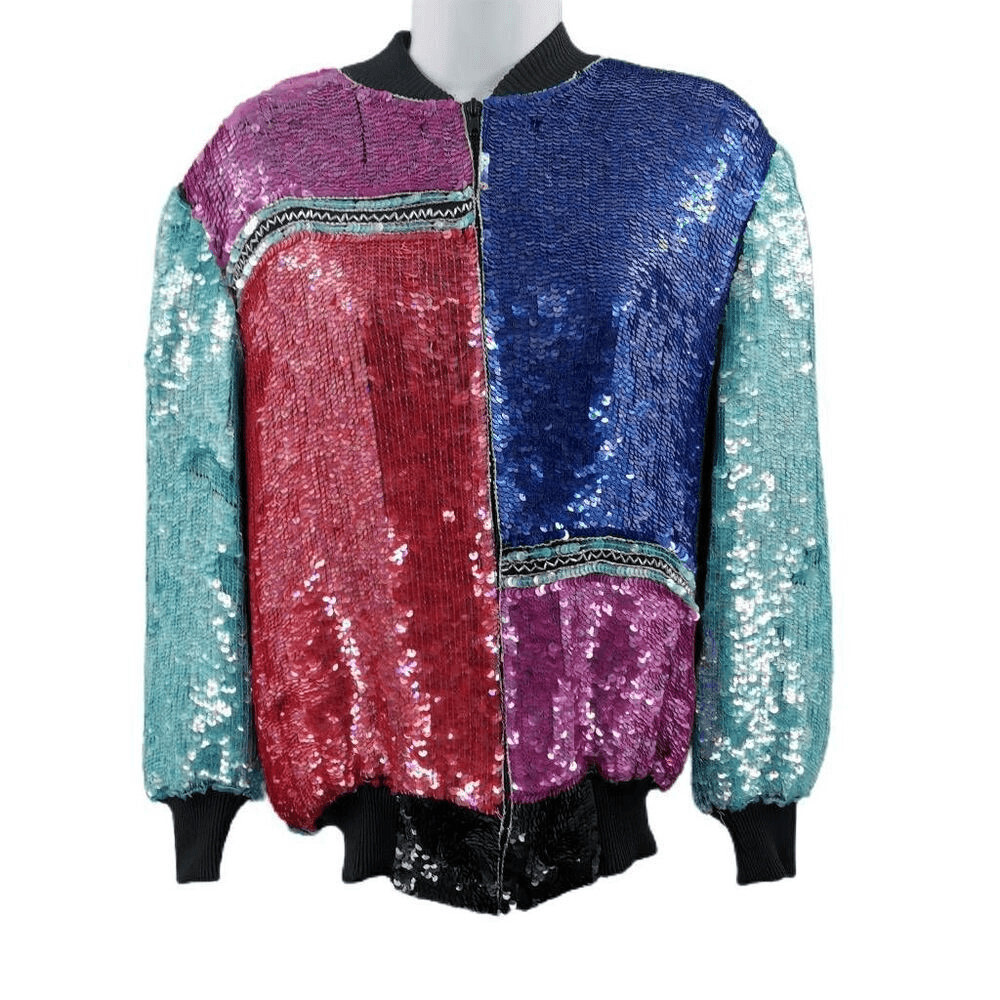 Vintage Dark Blue, Light Blue, Fuchsia, and Red Sequin Bomber Jacket | Circa 198