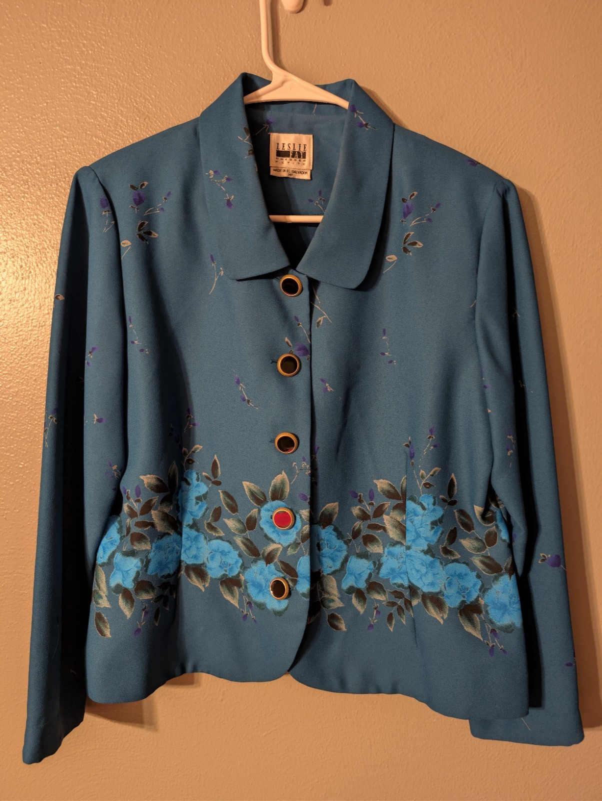 Leslie Fay Vintage 90s Blue Floral Blouse Blazer Jacket Shoulder Pads Petite 14P