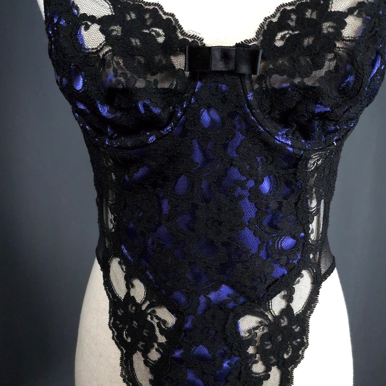 Vintage 1980s Victoria’s Secret Indigo Black Lace Teddy Lingerie Bodysuit Petite