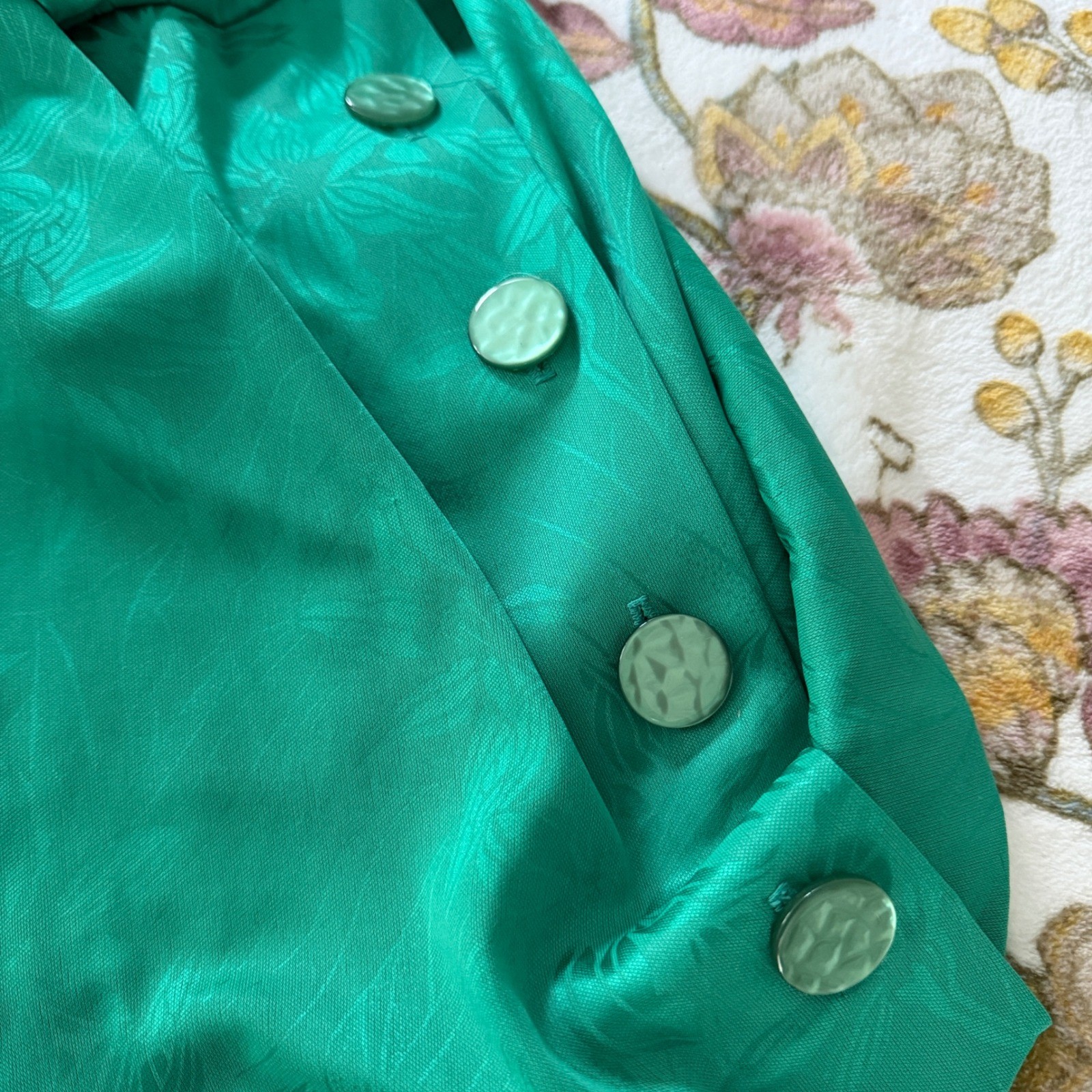 Jenny Vtg Dress Emerald Green Jewel Regency Floral Jacquard Drop Waist Blouson
