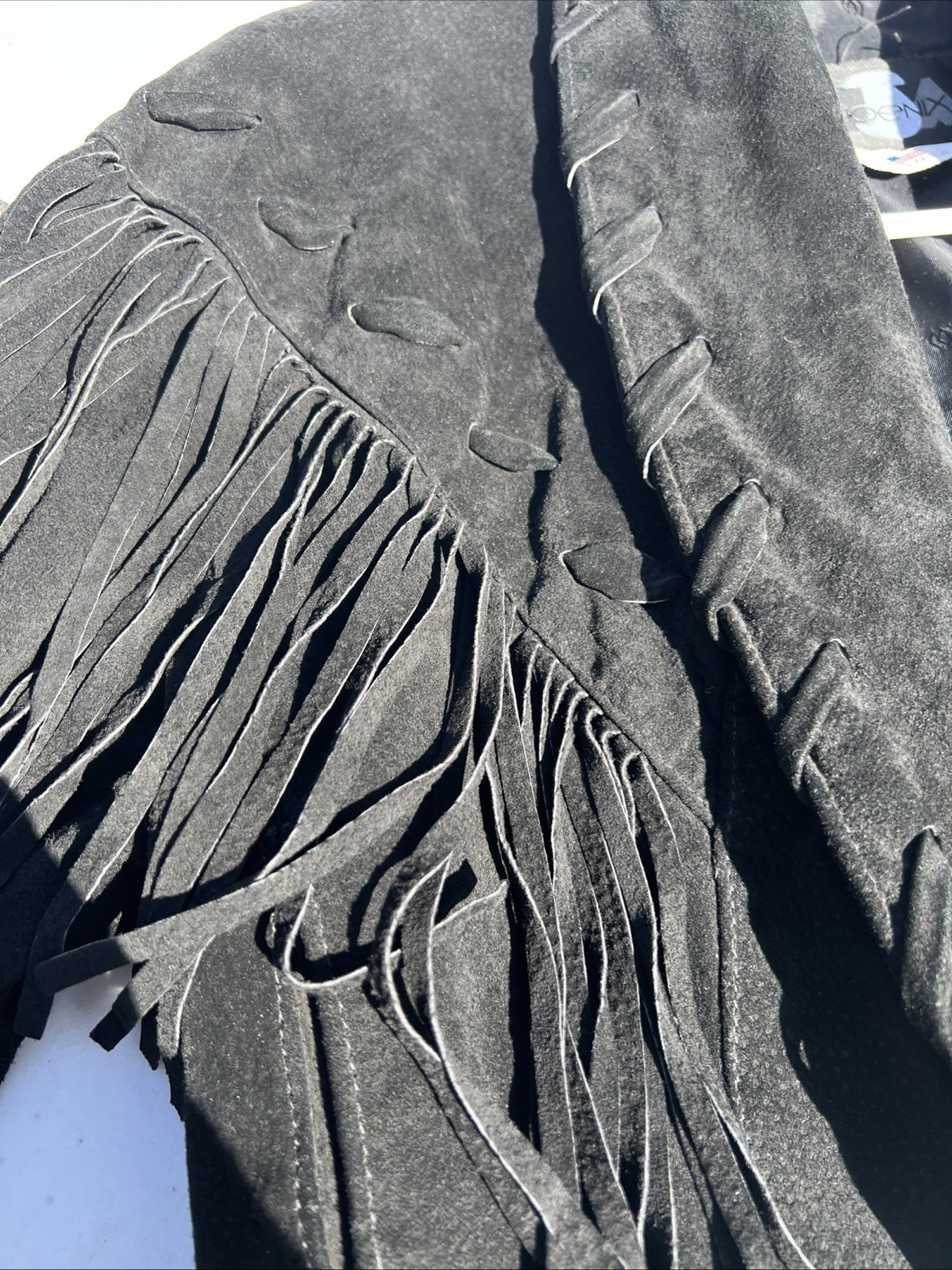 Vtg Phoenix Black Suede Fringe Western Jacket Cropped Whipstitching USA Sz M