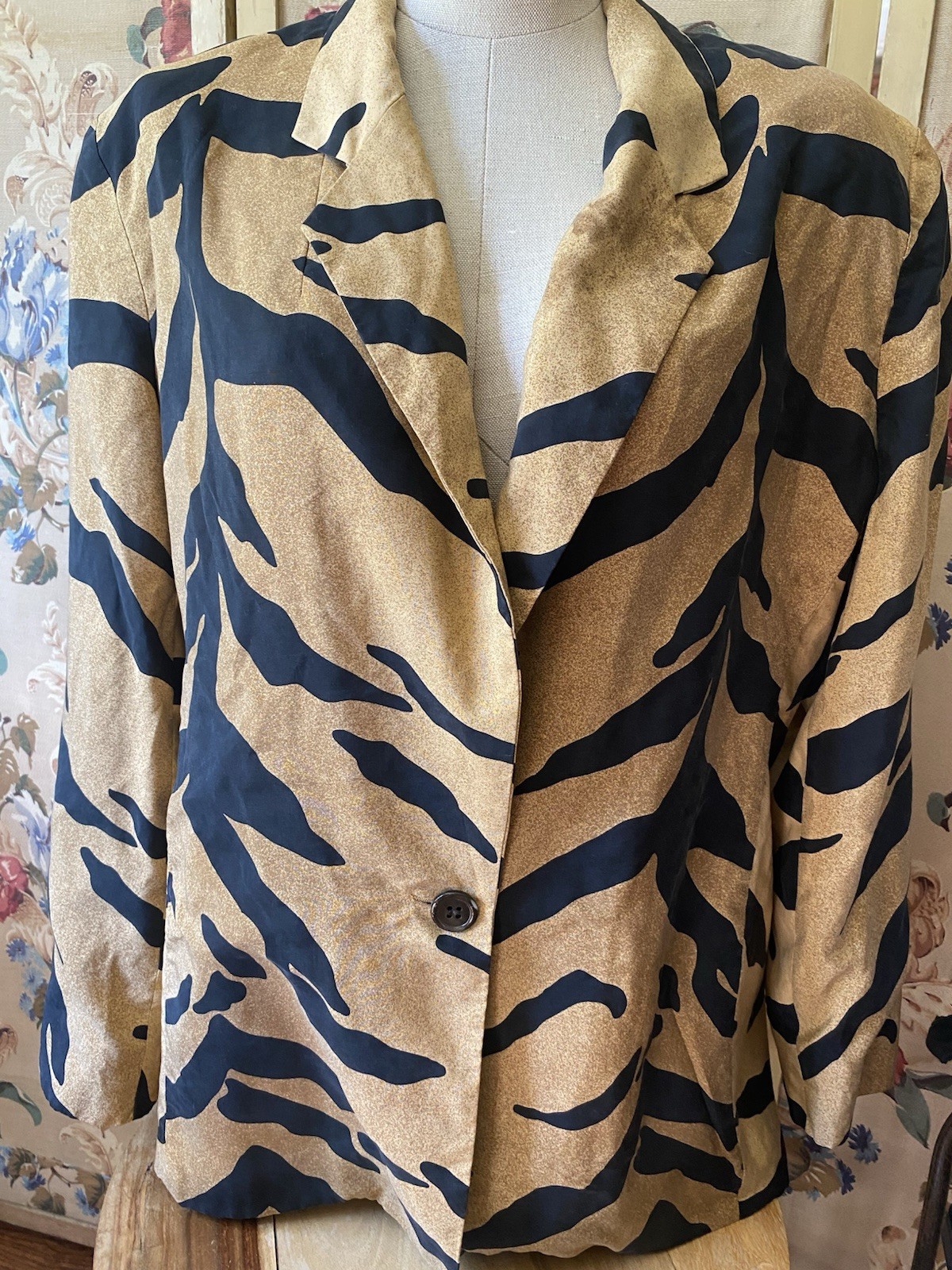 VTG PERRY ELLIS Tiger Animal Print SILK Jacket Blazer Relaxed Fit Sz 14 FAB RARE