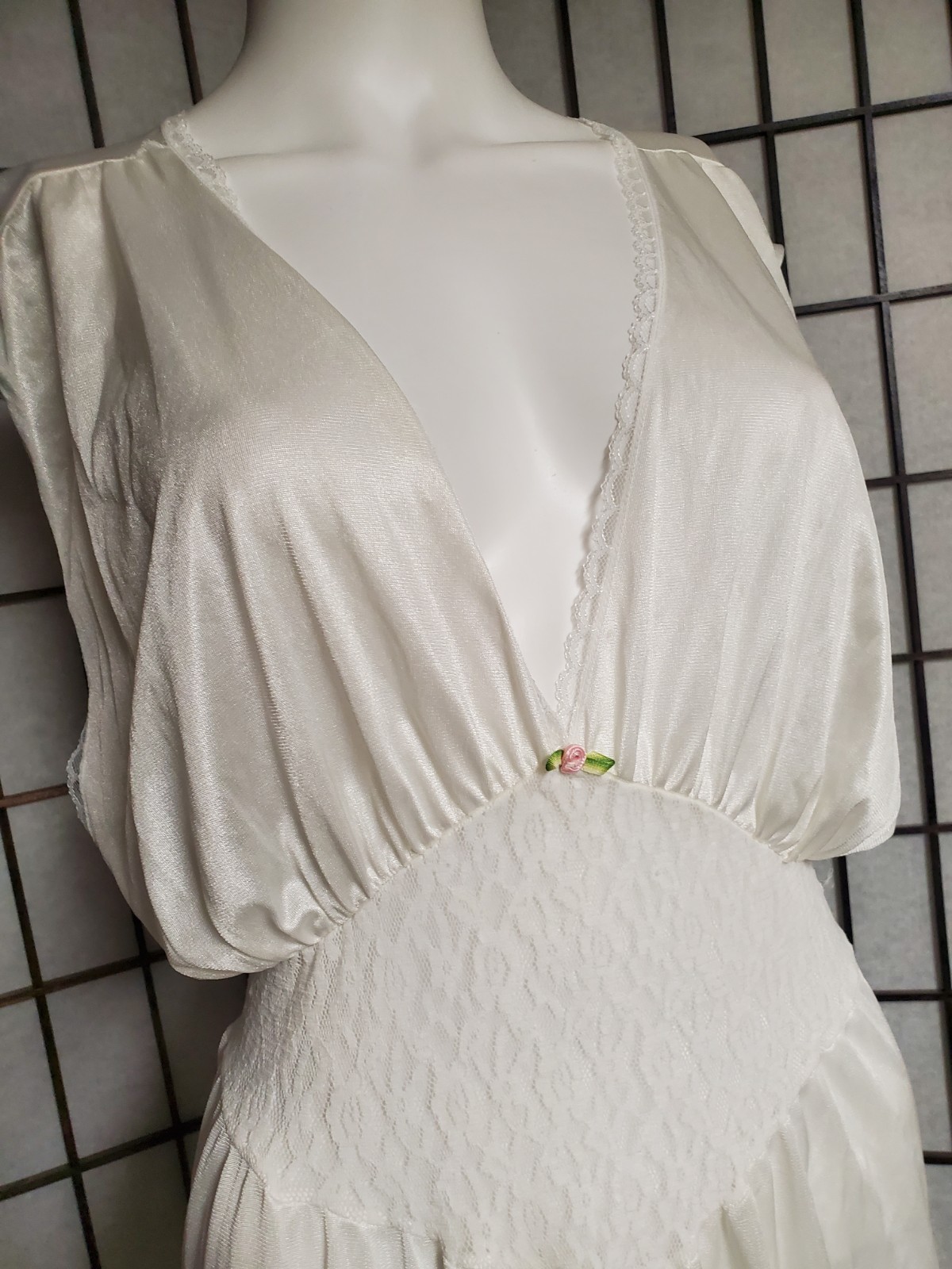 VTG open sides Maxi Lace Nightgown Rose stretch Lace Bridal White M plunging