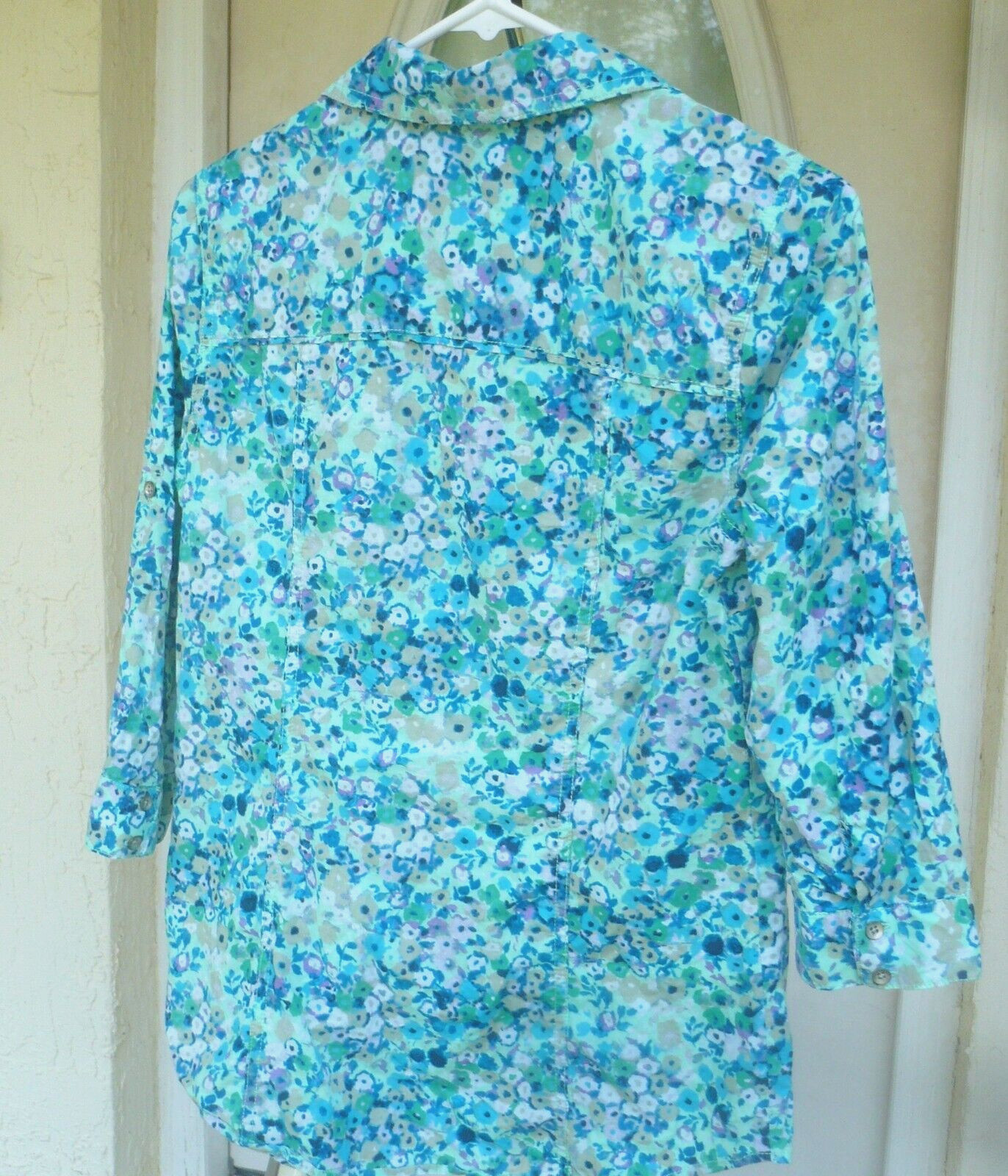 VTG 90S SONOMA XS S COTTON SHIRT BUTTON UP TAB BLOUSE BLUE GREEN FLORAL GRUNGE