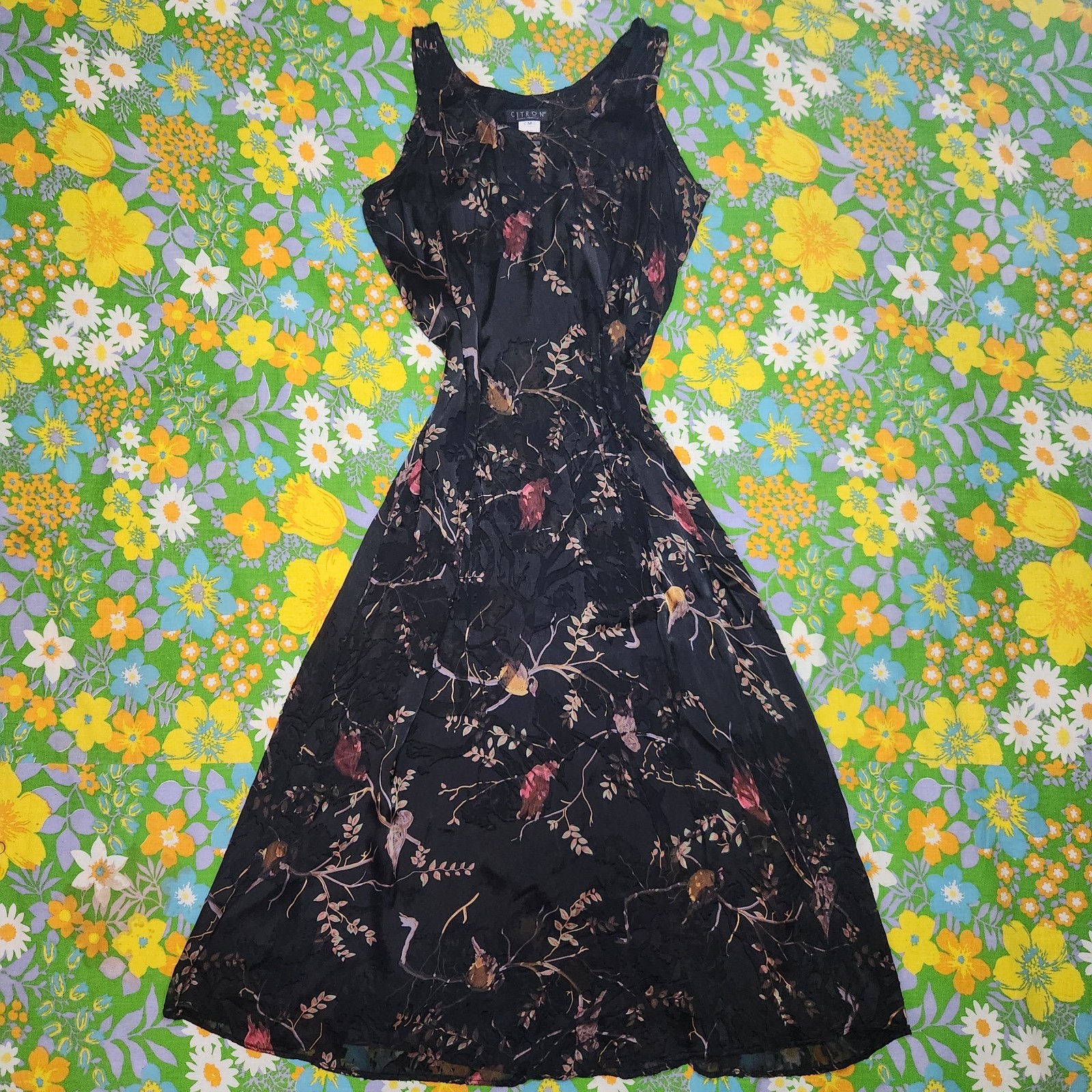 Citron Santa Monica Vintage 90s Sheer Silk Black Velvet Midi Dress