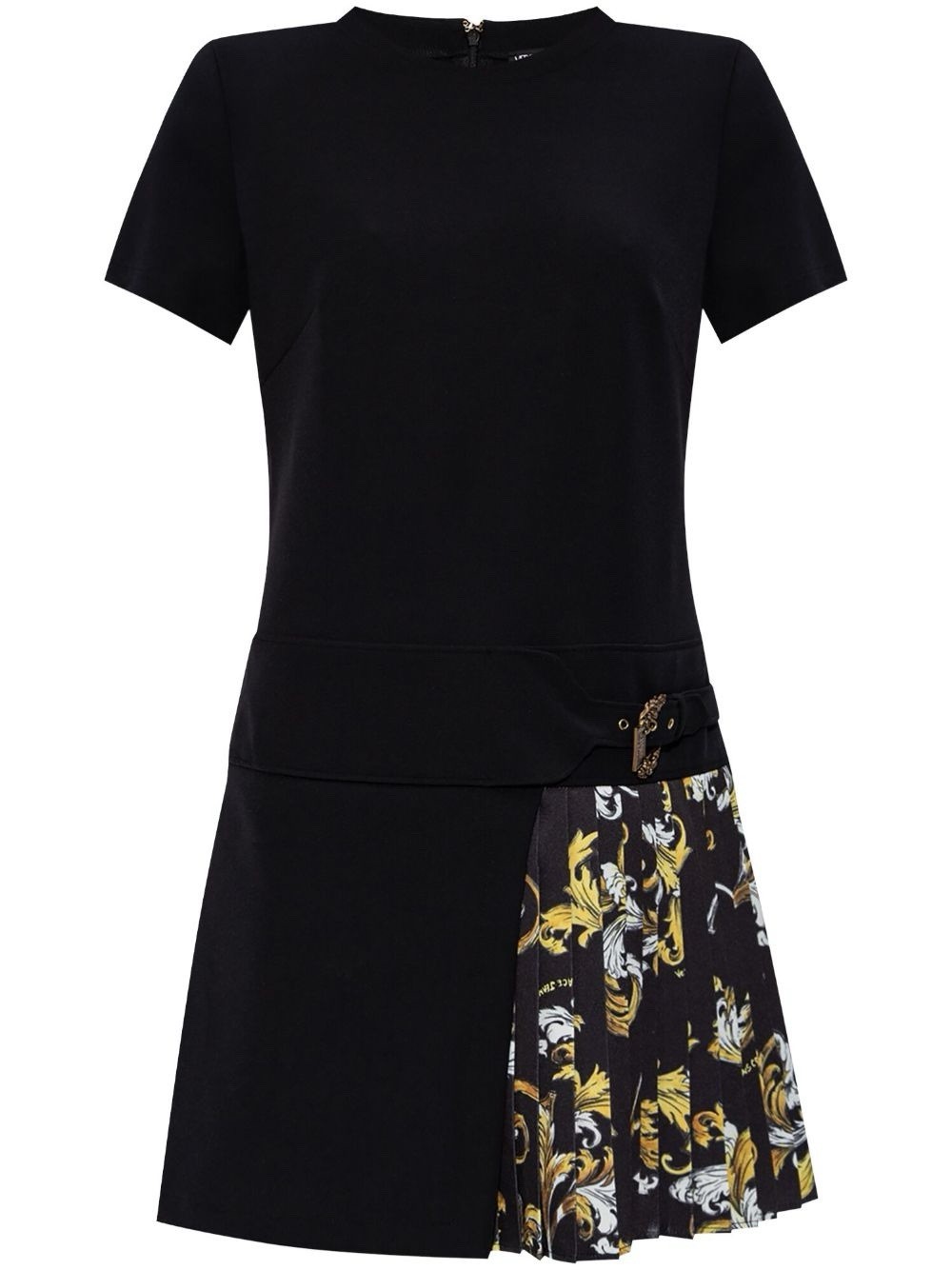 Black Asymmetrical Skirt with Floral Pleated Panel and Buckle Accent