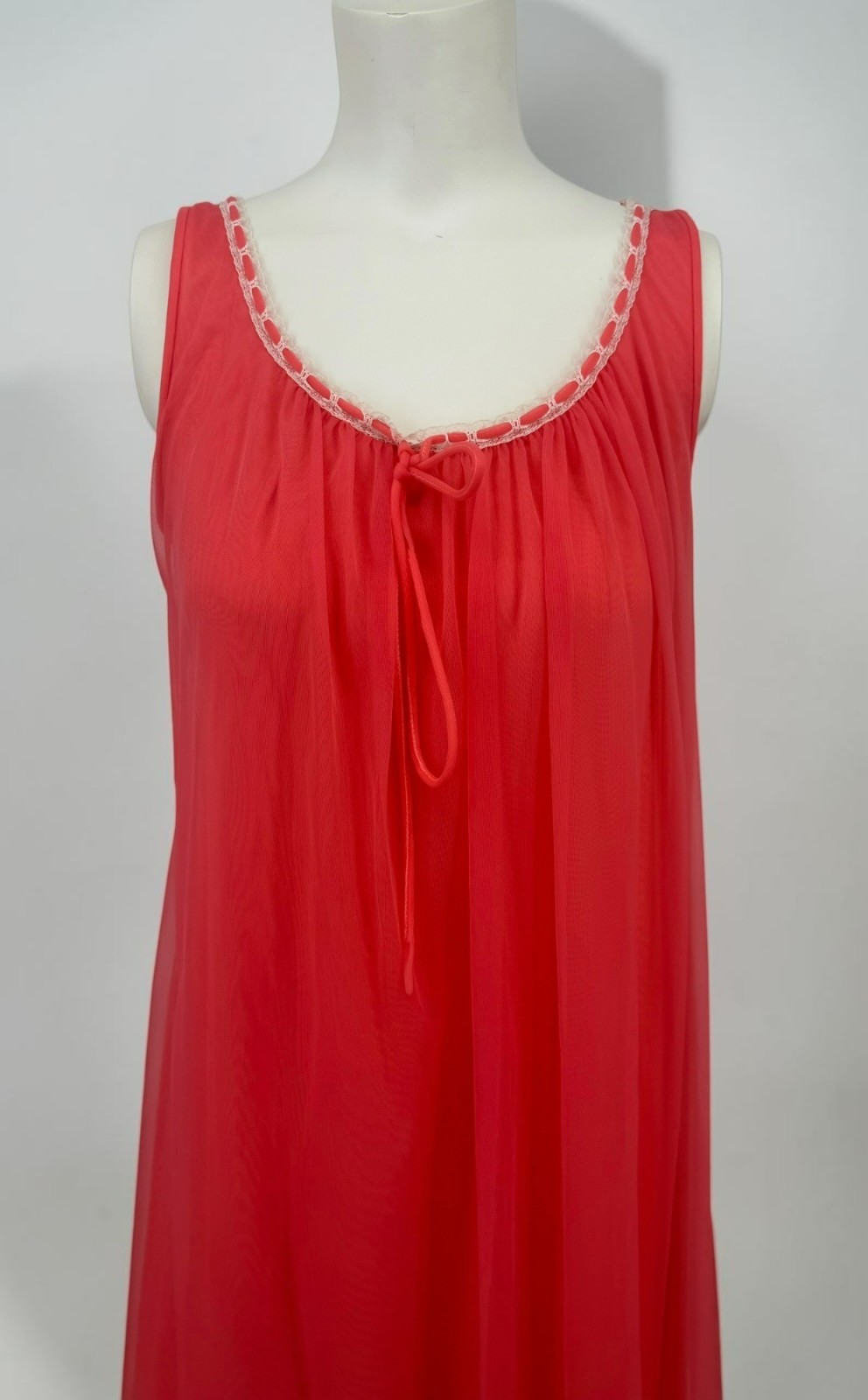 VTG L/XL Miss Elaine Coral Db Sheer Chiffon Peignoir Robe Nightgown Set Bell Slv