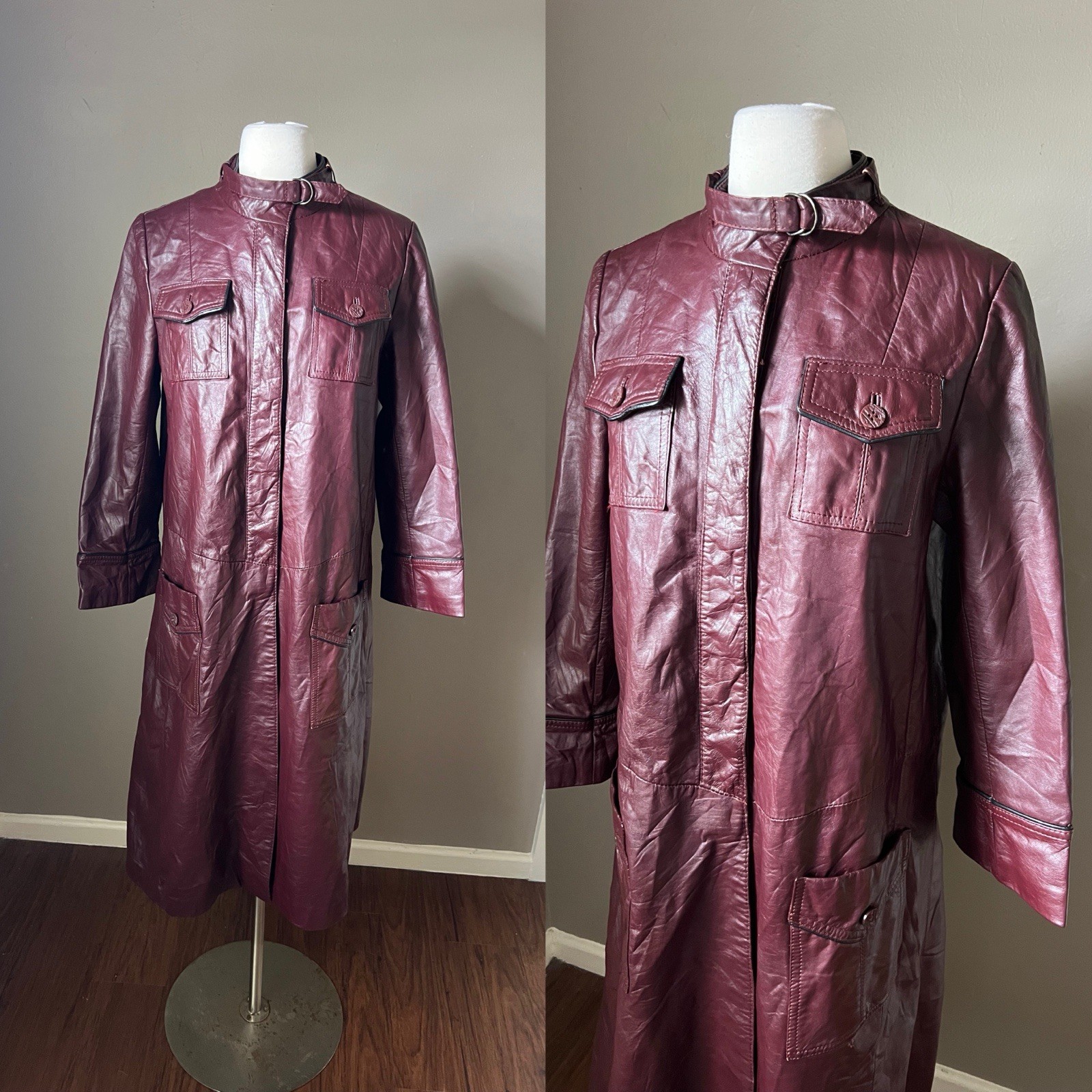 Vintage Suburban Heritage Leather Trench Coat Size 12 Burgundy Red Button 70s