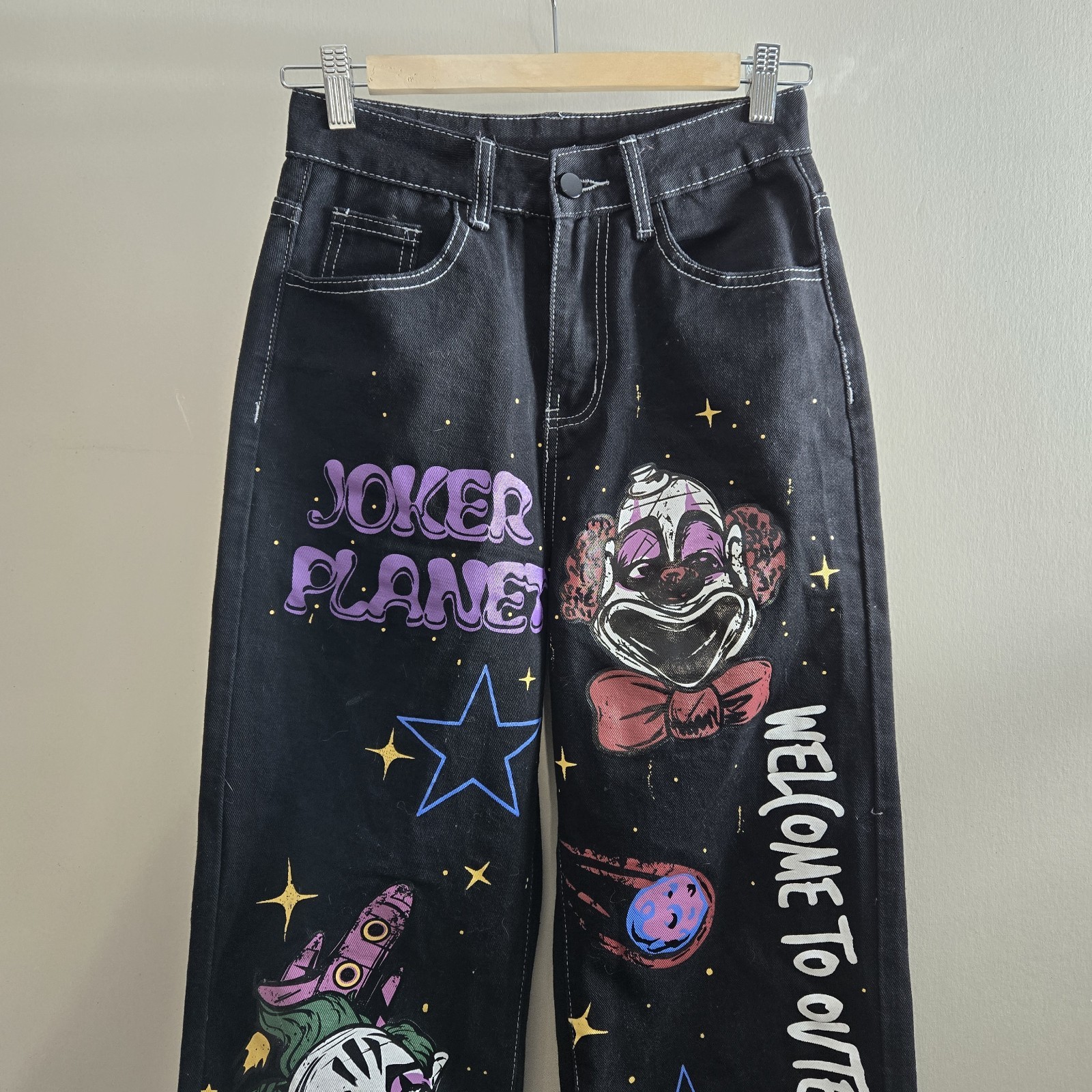Grunge Punk Cartoon & Slogan Jeans Size XS Graphic Black Straight Leg Streetwear