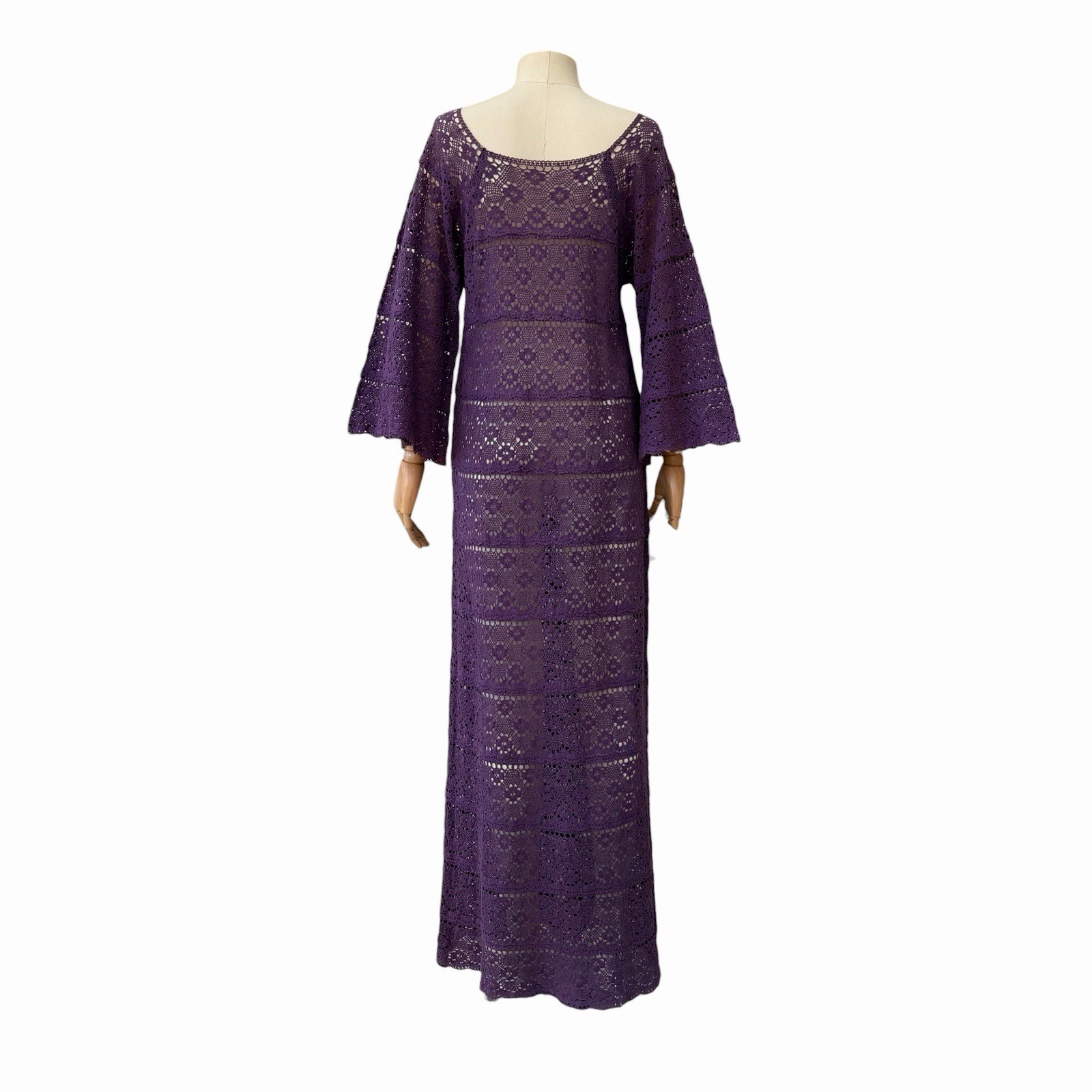 VTG 1960’s Cotton Crochet Maxi Dress, Grape Goddess, Bell Sleeves