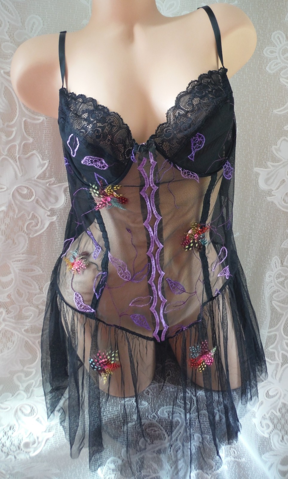 VTG FARIS NWT Sheer Baby Doll Feathers Tulle Skirt Amazing & Rare! 2X Runs Small
