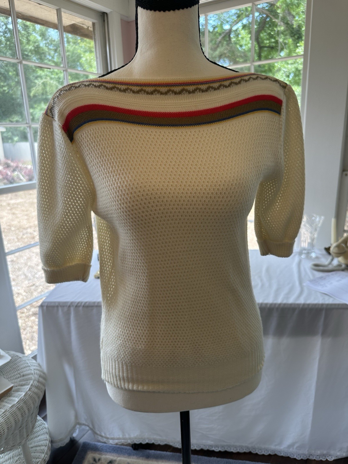 Vintage 1970s Cream Open Stitch Boat Neck Knit Top