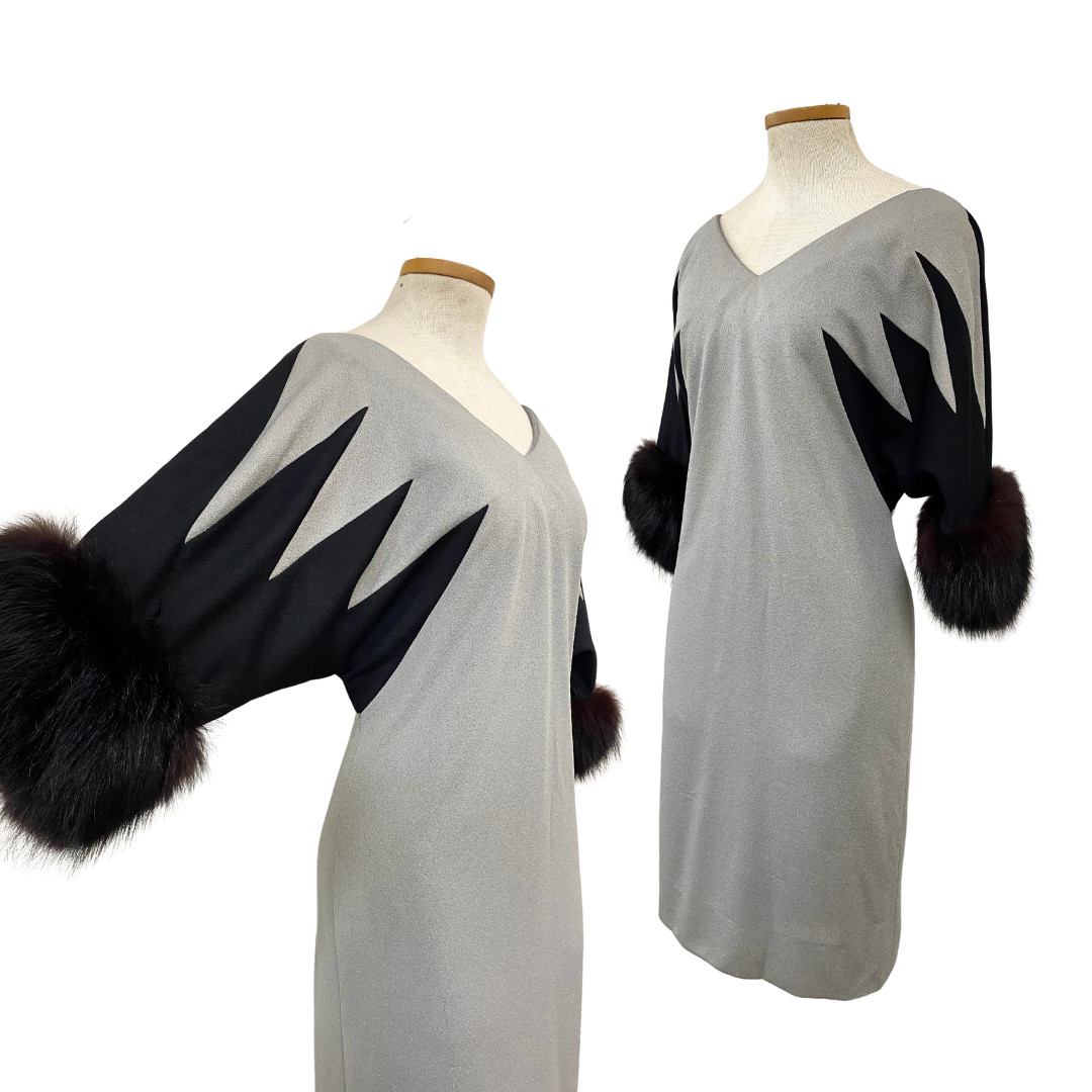 Vtg 70s Sydney North Late 1970s Minimalist Geometric Shift Dress Fox Fur Trim