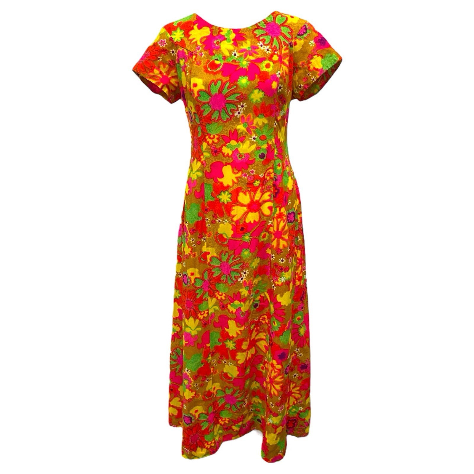 VTG 1960s Muumuu Flower Power Psychedelic Maxi Dress Pink Multi Made In Hawaii M