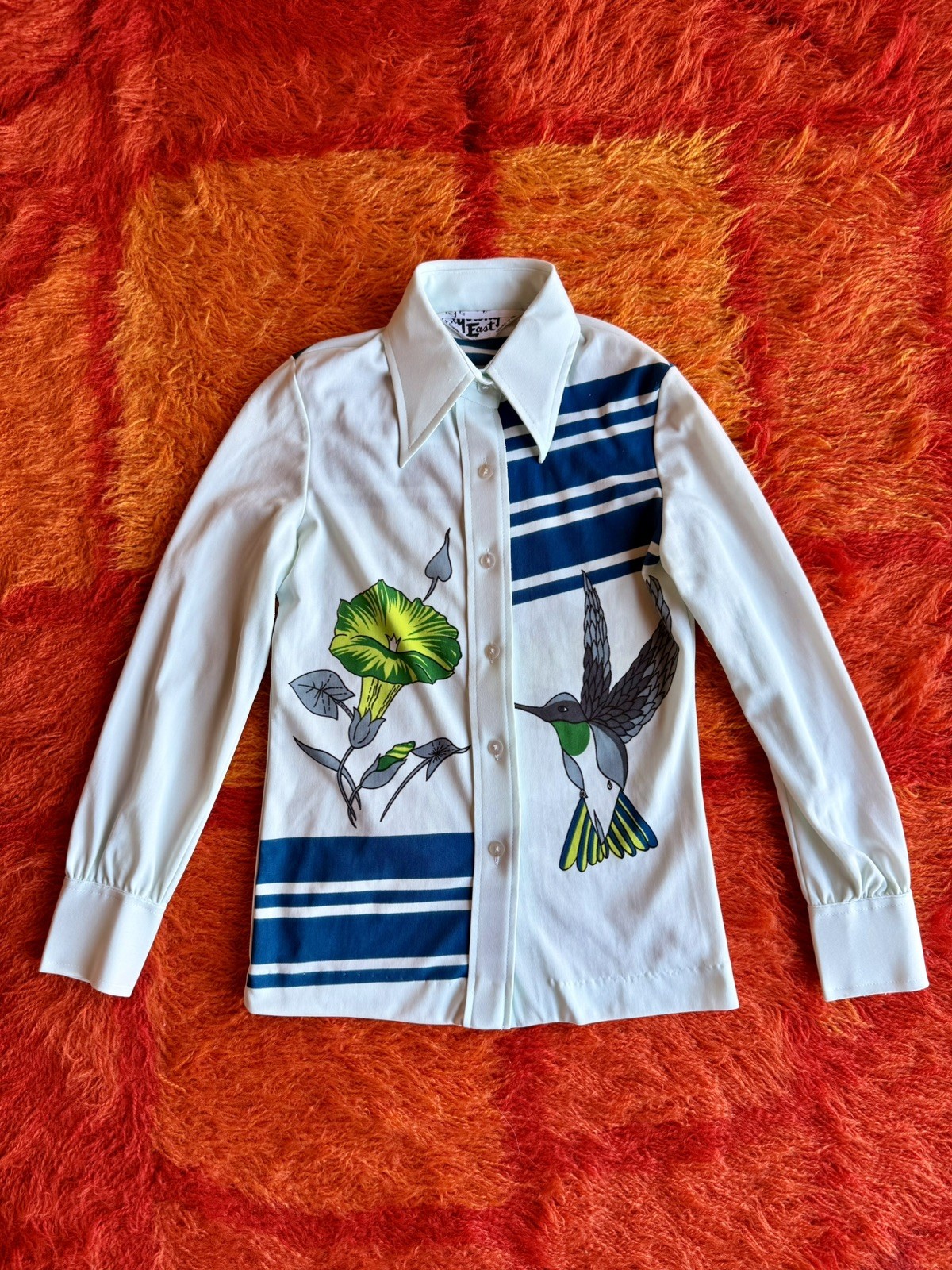Vintage 70s Pale Blue Novelty Hummingbird Flower Print Button Down Blouse