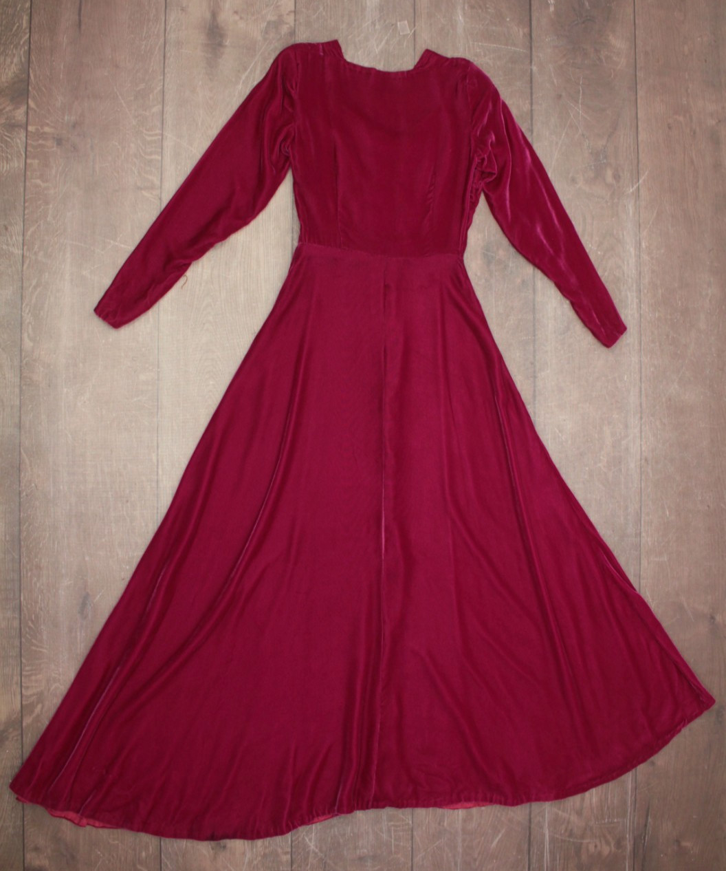 Vtg 30s Dark Fuchsia Velvet Maxi Dress W/ Ruched Bust & Sleeves Sz S 1930s