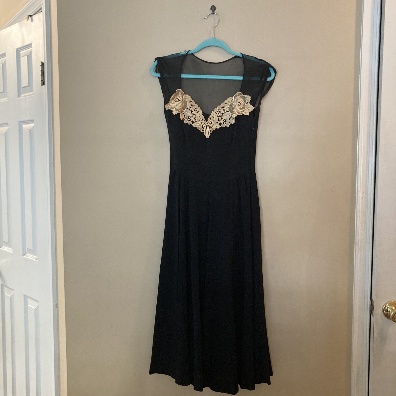 Vtg Women’s 40s Black Crepe Rayon Dress W/lace 1940s Formal Hostess Handmade