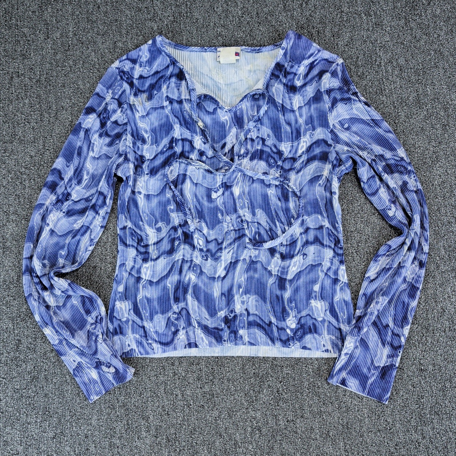 Rave Girl Vintage 90s Plissé Lace Up Top Women L Blue Marble Water Print Y2K
