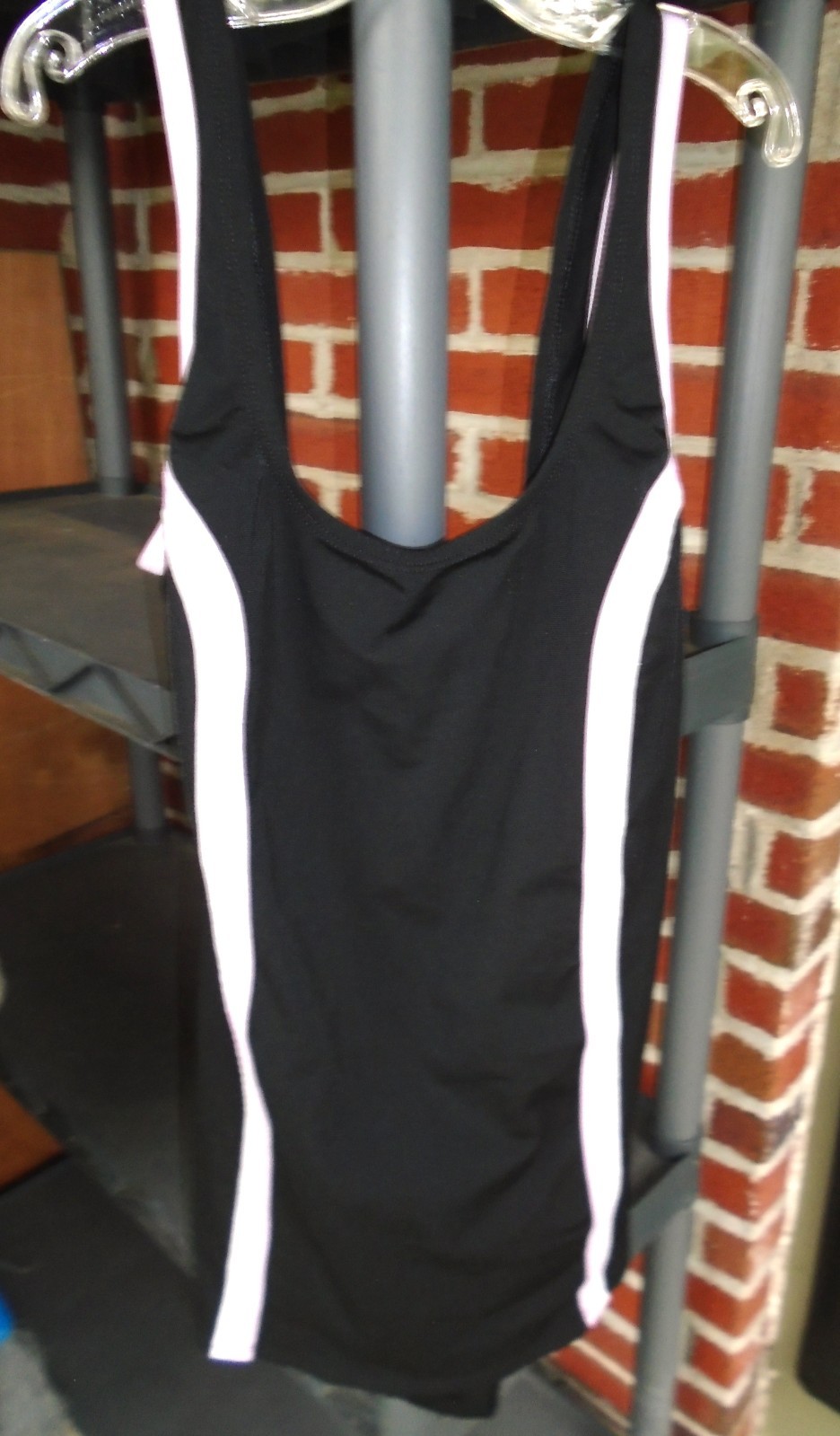 Ladies Speedo Size 12 Black Pink/White Stripes One Piece Bathing Suit ~ Preloved