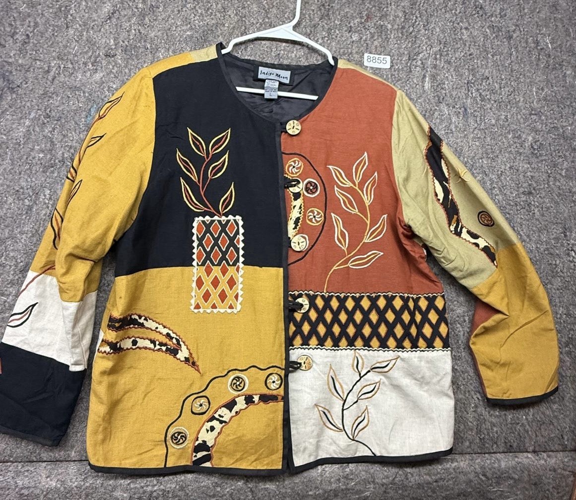 Vintage Indigo Moon Jacket Women Embroidered Art To Wear Patchwork Size L