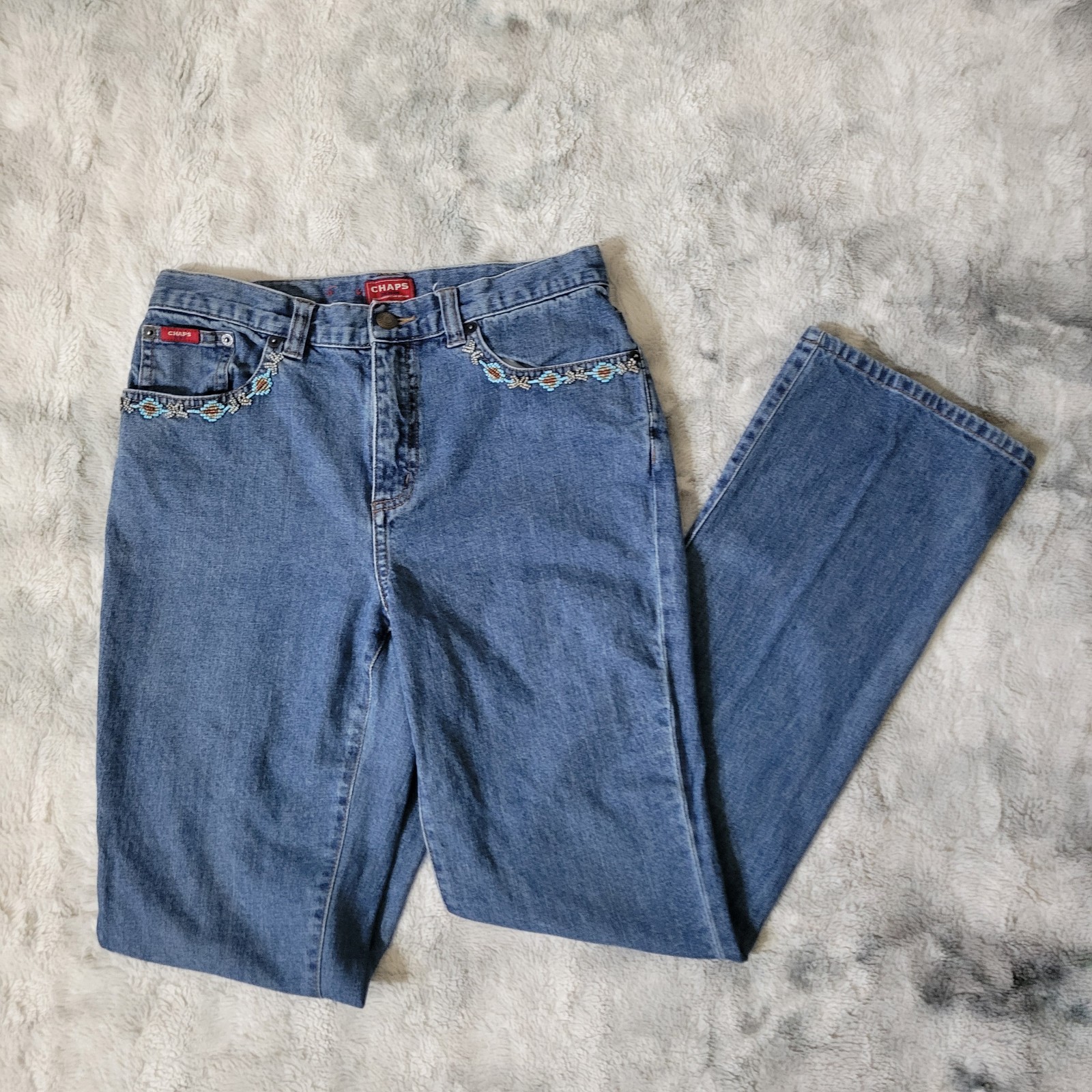 Y2K Vintage Chaps Denim Women’s 4 Beaded Bootcut Midrise Boho Medium Wash Jeans