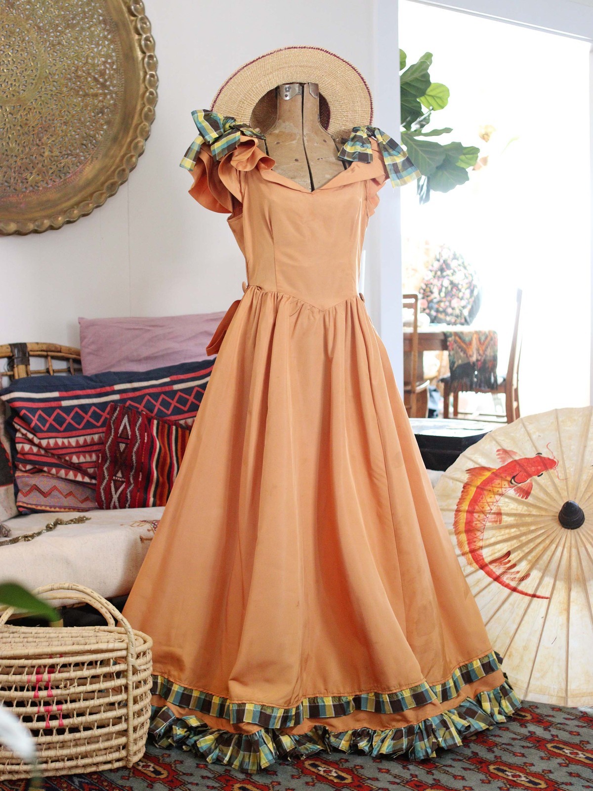 VTG 40s Southern Bell Maxi Gown Dress Ruffle Shoulders Bustle Back Gold Apricot