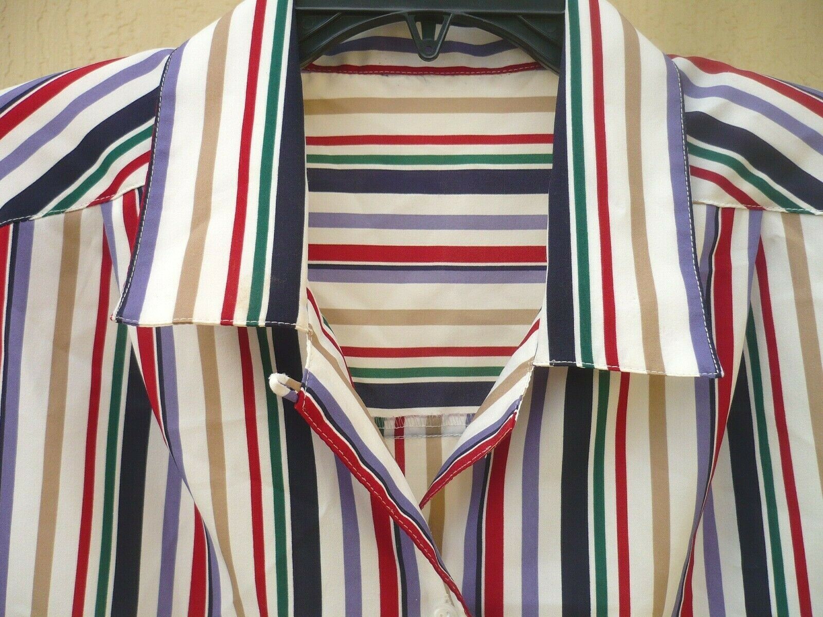 VTG 80S L BUTTON UP COLORFUL RED PURPLE GREEN TAN STRIPED SECRETARY BLOUSE WOMEN