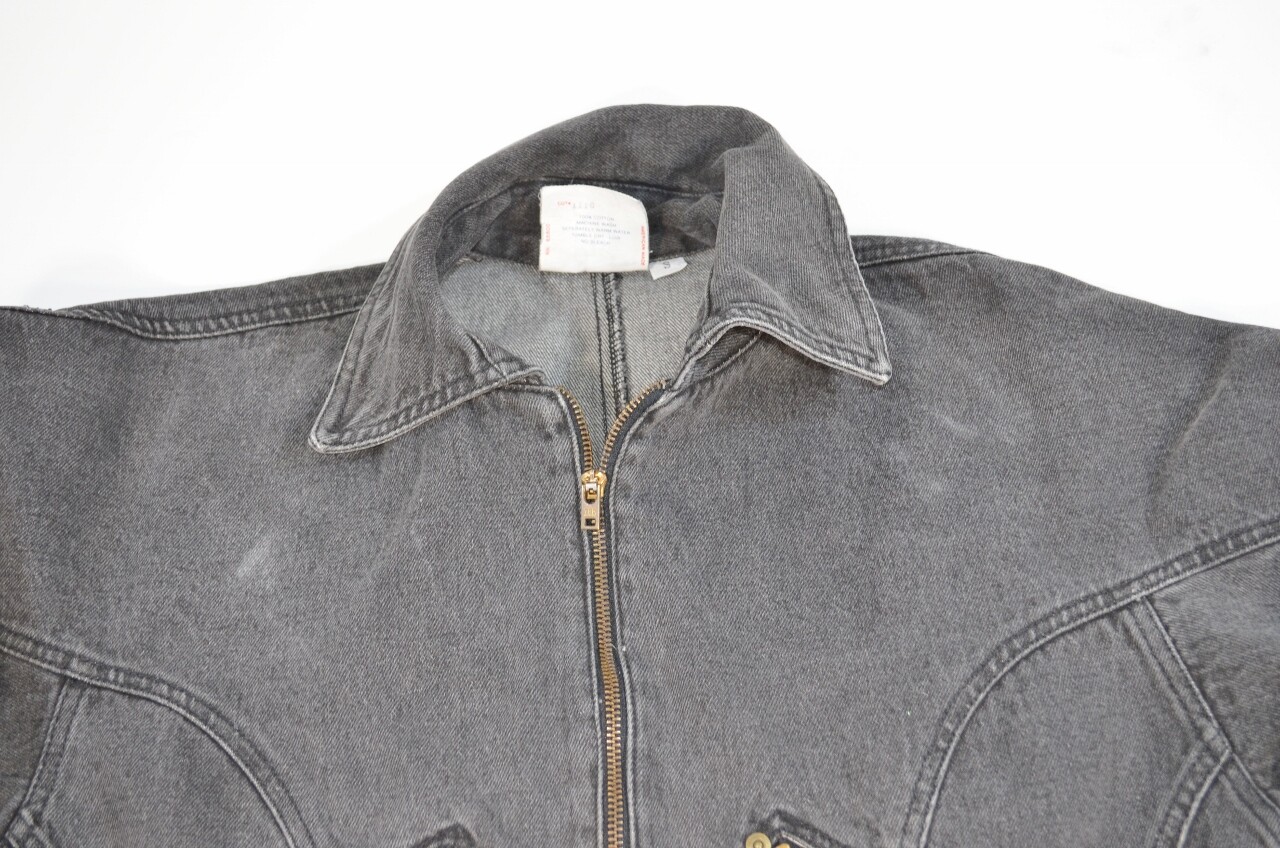 VTG 80s 90s Oxygen Denim Jacket Grey Full Zip Bat Sleeve Back Waist Elastic S