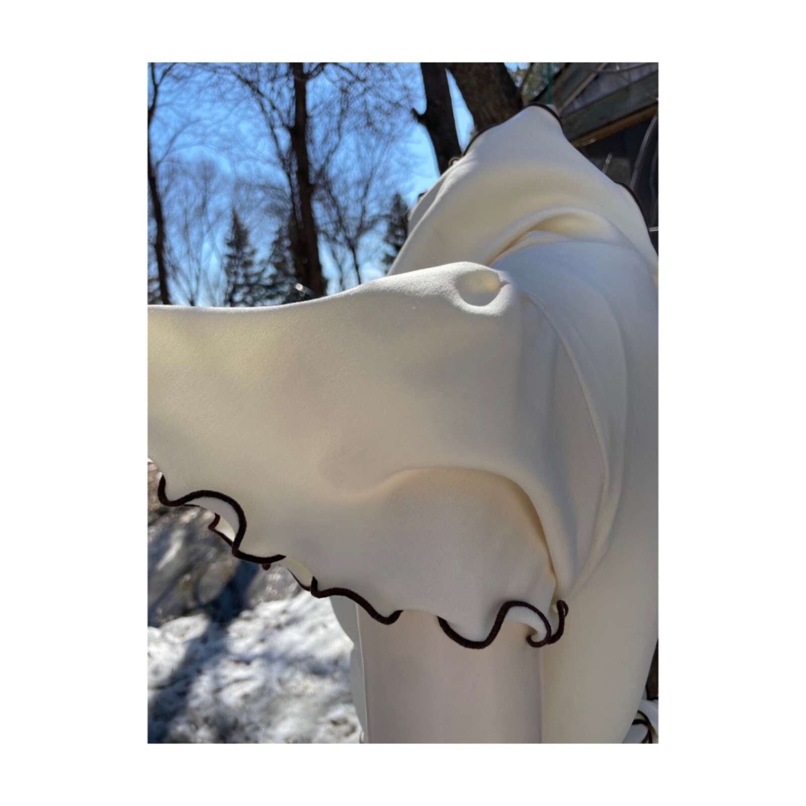 70s Ivory Maxi Dress Brown Ruffle Trim V Neck Cap Sleeve Wide Collar Wide Sash