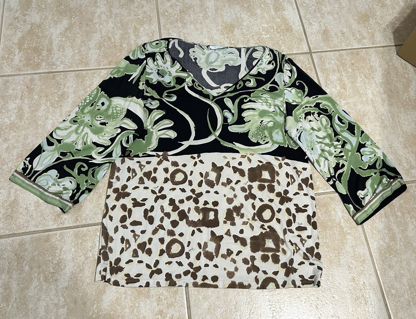EMILIO PUCCI Firenze ITALY Green Cream Brown Print 3/4 Sleeve Silk Top Sz 14