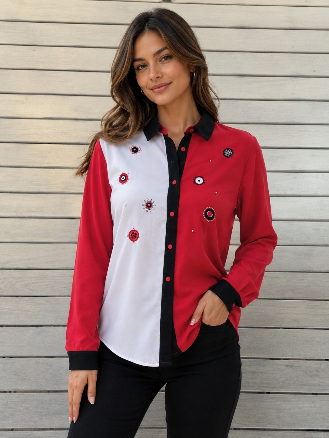 Vtg 1849 AUTHENTIC RANCHWEAR Western Shirt Red Colorblock Beaded Rockabilly L