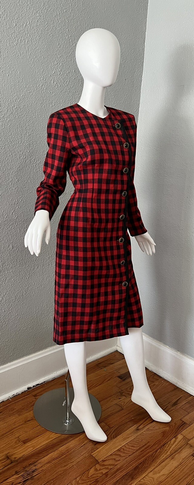 Vintage 80s Red Checkered Long Sleeve Dress