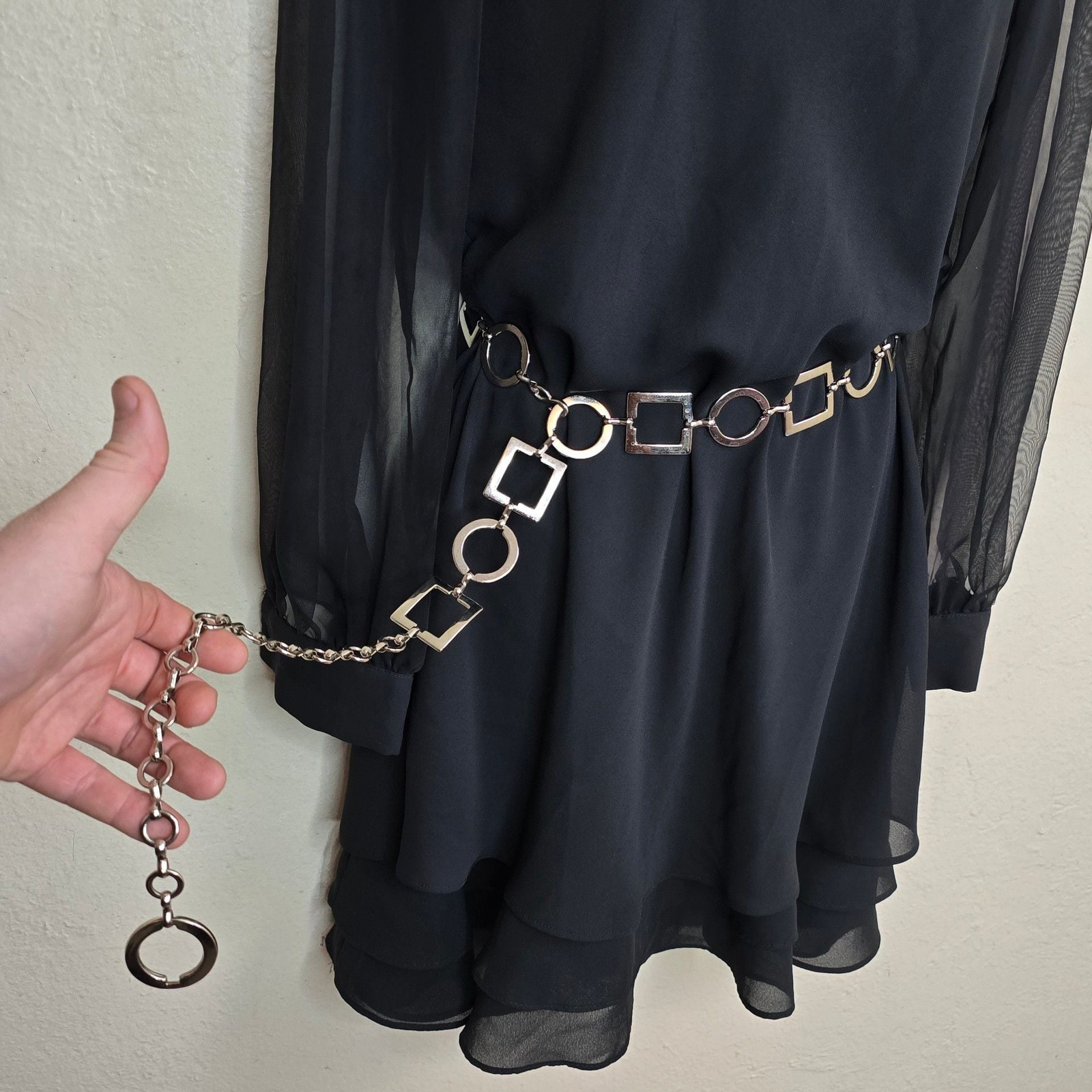 Vintage 90s Hampton Nites Black Dress with Sheer Sleeves and Metal Belt Size 6