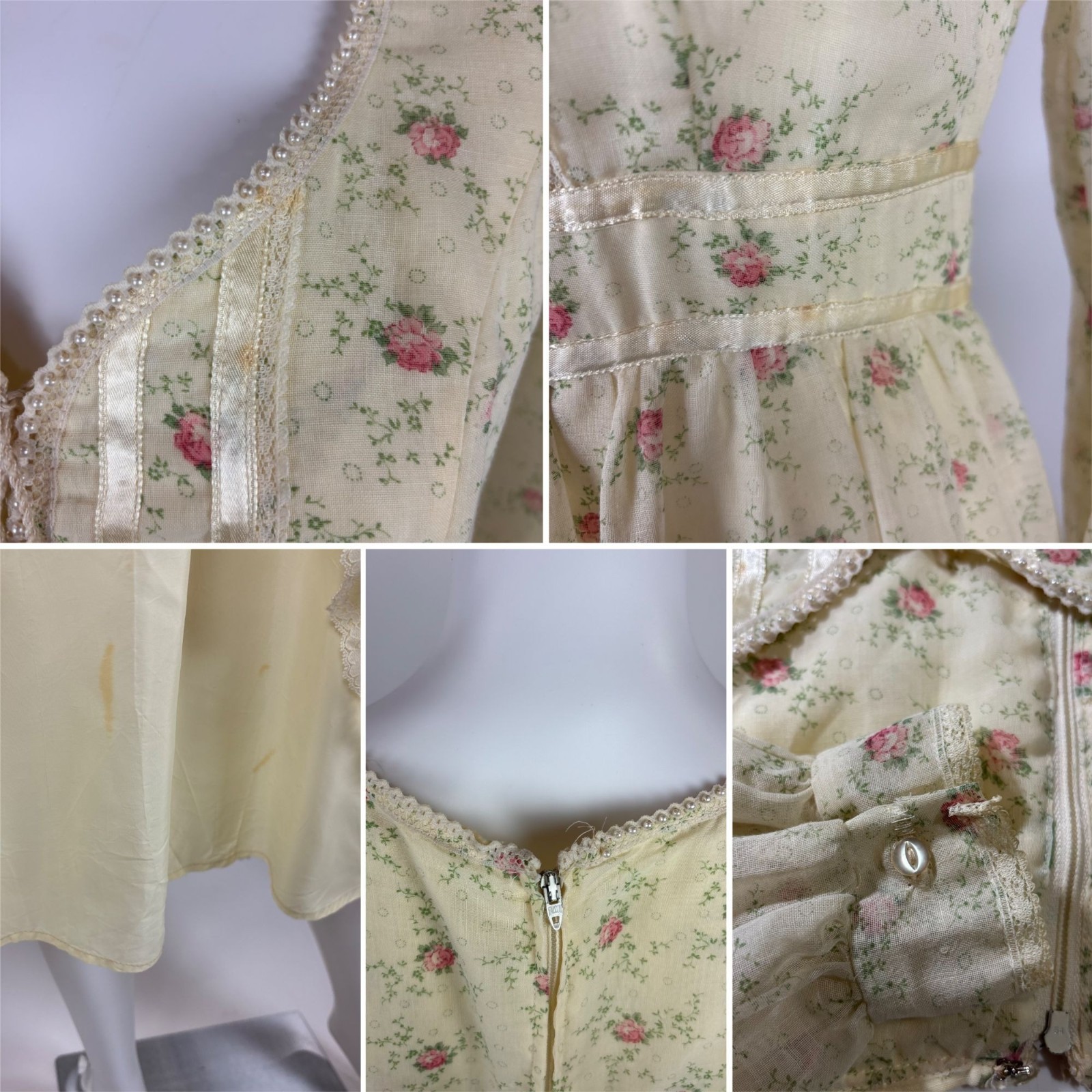 Vintage 70s Prairie Dress Womens Small Pink Rose Print Long Sleeve Gunne Sax