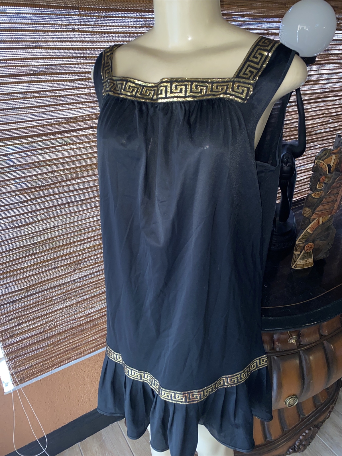 VTG Pinehurst Lingerie Greek Key Gold Metallic Trim Black Nightgown Rare LG PK1