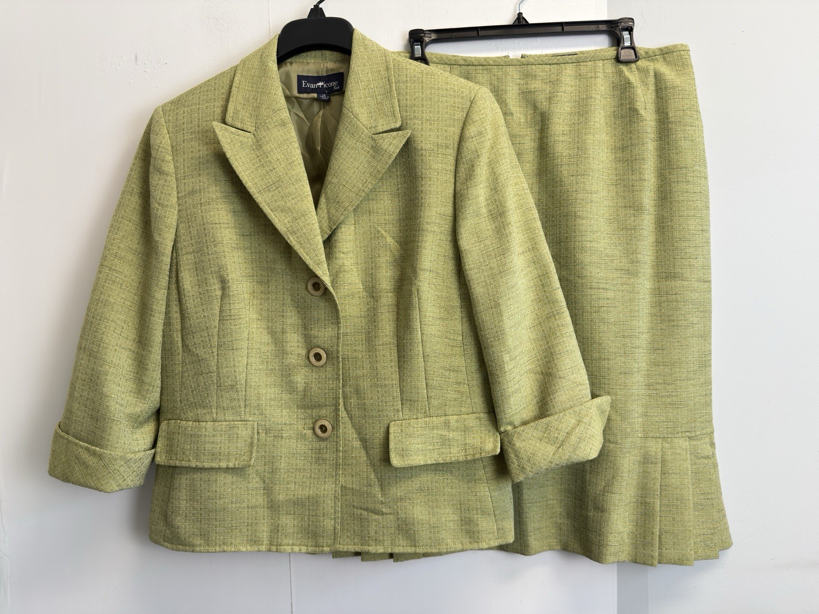 Vtg Evan Picone 2 Piece Skirt Suit Set Women’s 14 Green Lined Pockets 90’s