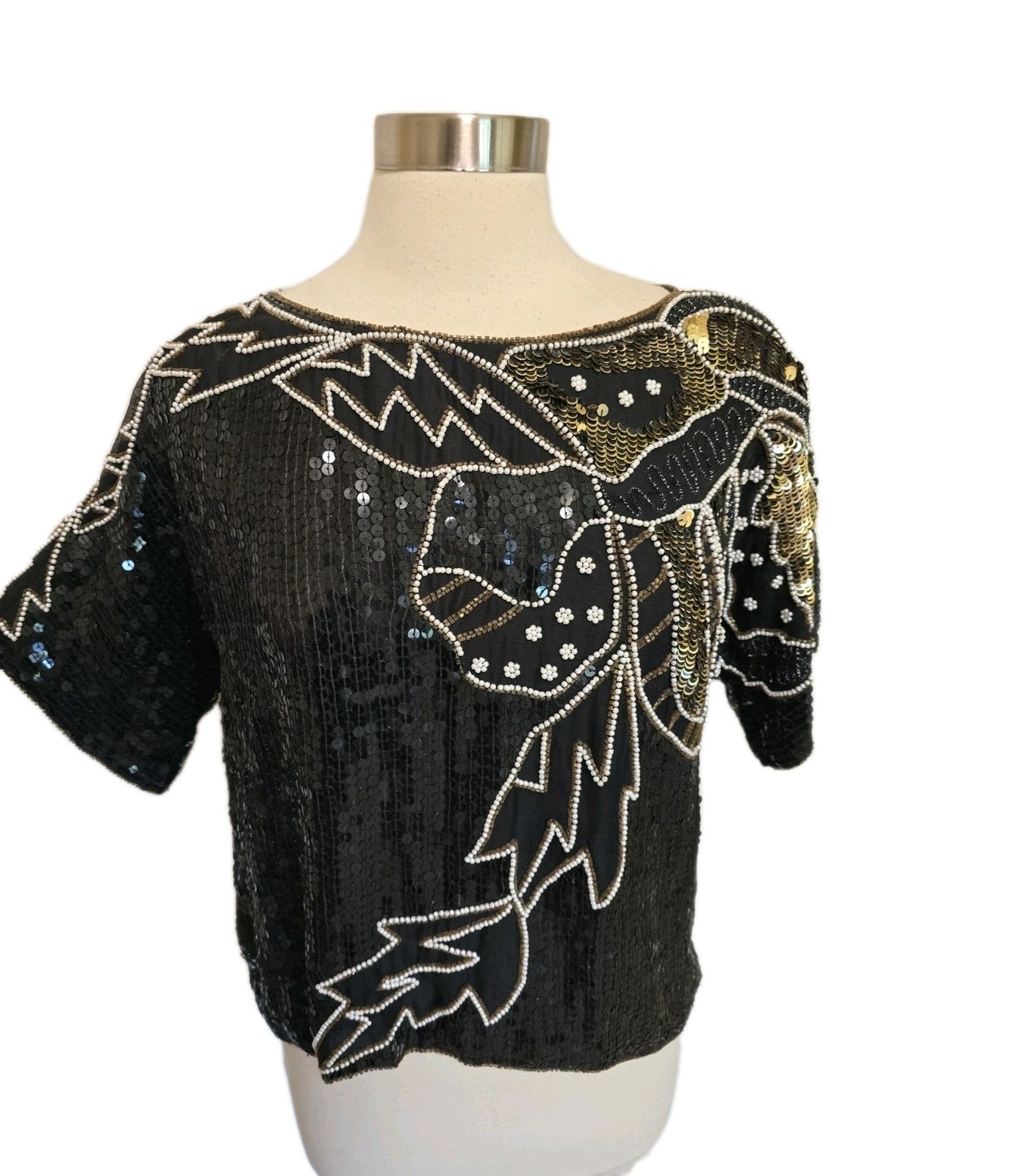 Womens Vintage 100% Silk Blouse Black Beaded Sequins All Over Evening