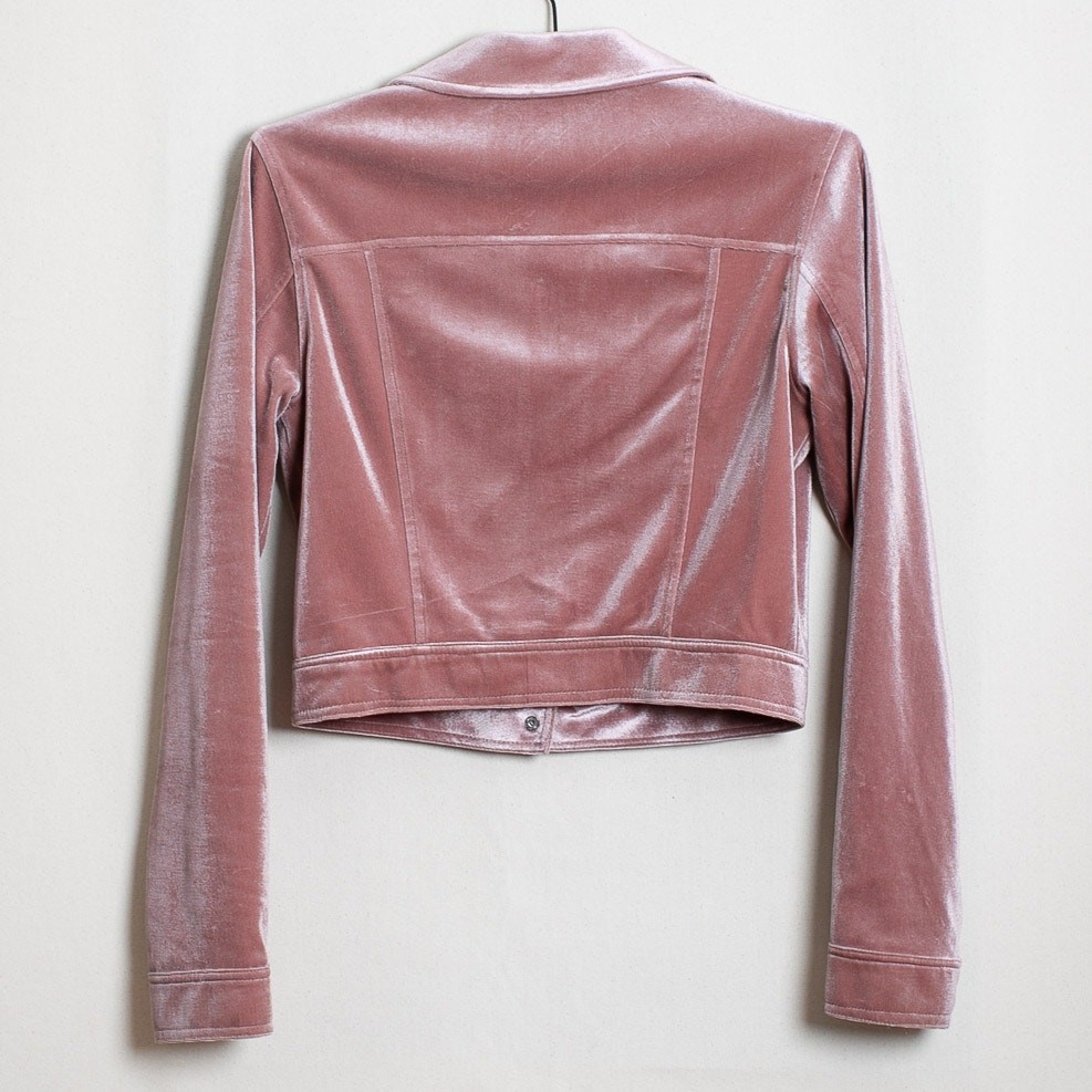 Pink Velvet Crop Jacket Zip Front Snap Cuff Dual Pockets S/M 90s Y2K Style