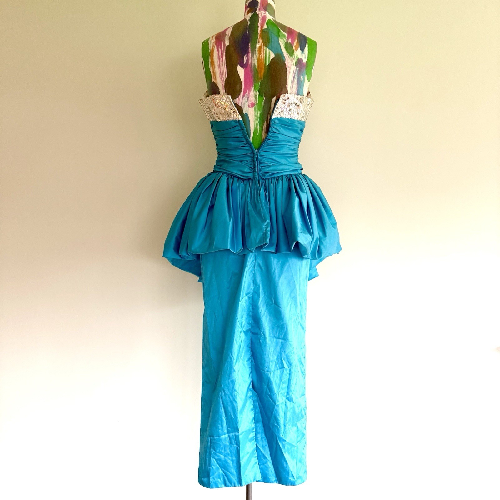 Vintage Alyce Designs 1980s Blue Taffeta Sequin Peplum Prom Dress