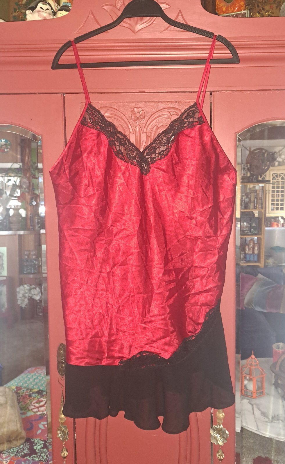 Vtg Secret Treasures Red Satin Babydoll Chemise XL 16/18 Black Lace Mesh 90s
